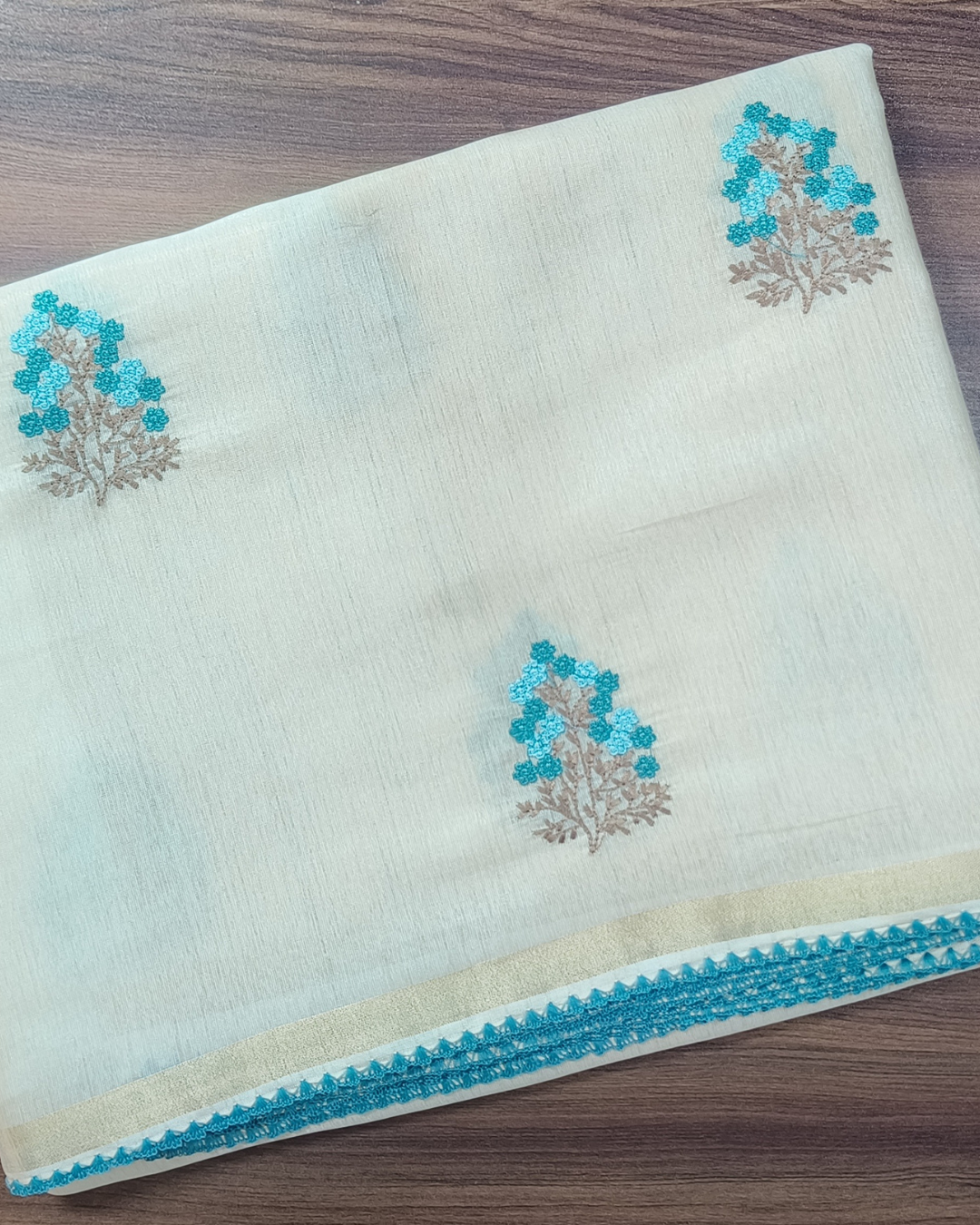 Onam Tissue Saree with Embroidery - Floral Tree - Blue (Comes with running blouse)