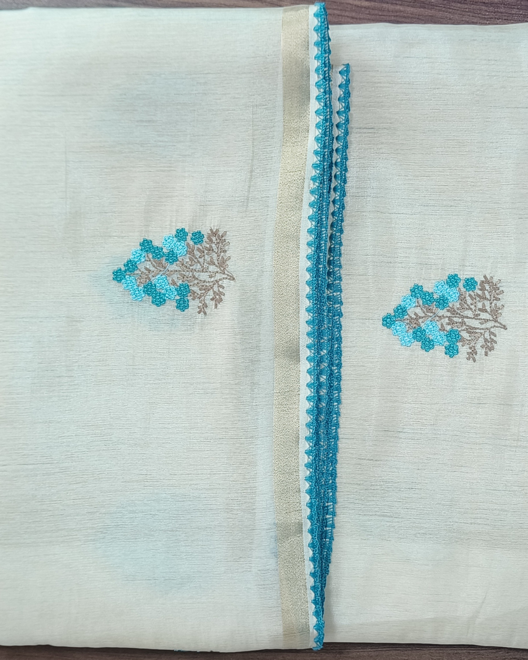 Onam Tissue Saree with Embroidery - Floral Tree - Blue (Comes with running blouse)