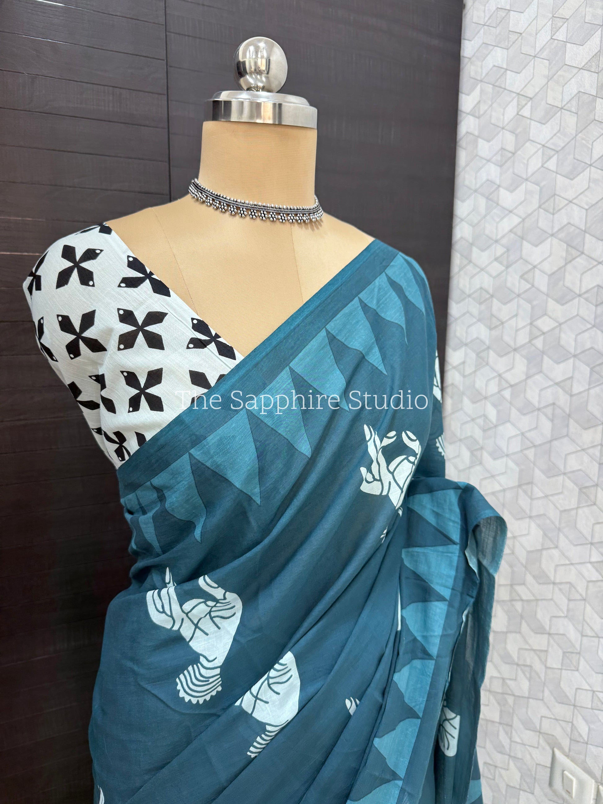 Teal Blue Mul Cotton Saree with Readymade Blouse