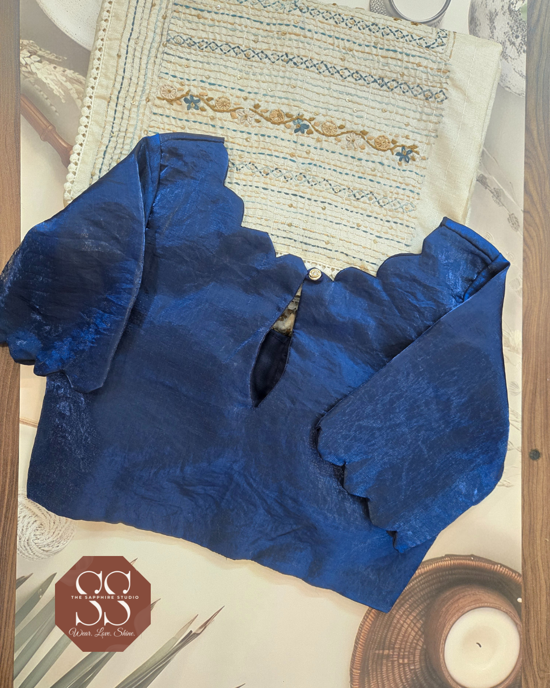Onam Tussar Saree – Hand Embroidery & Elegant Lace Border with the paired navy scallop blouse