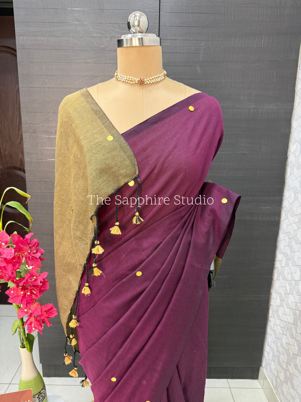 Wine Purple & Mustard Khadi Cotton Saree