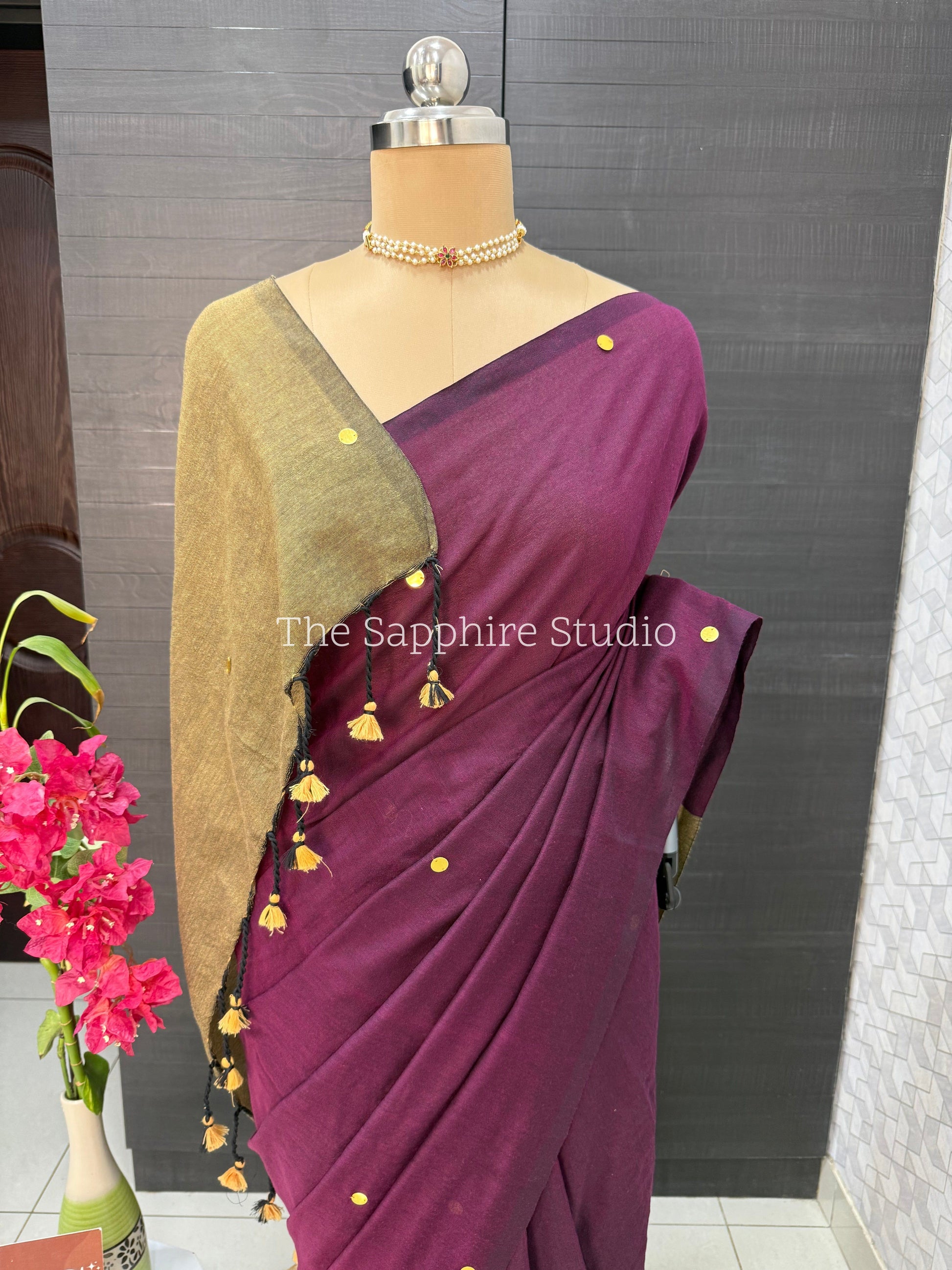 Wine Purple & Mustard Khadi Cotton Saree