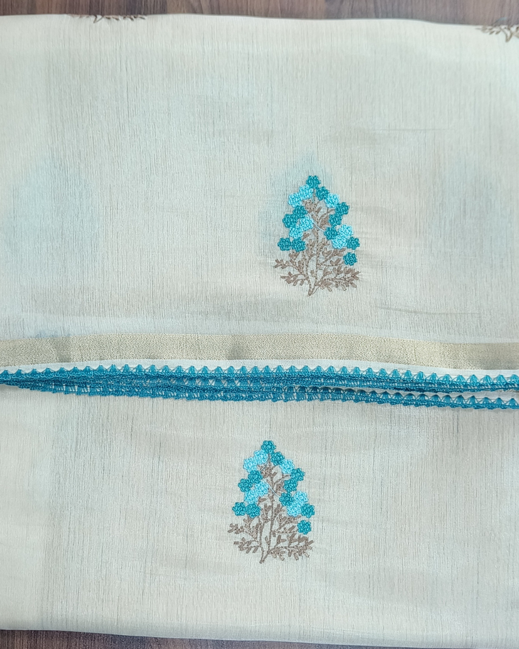 Onam Tissue Saree with Embroidery - Floral - Blue (Comes with running blouse)