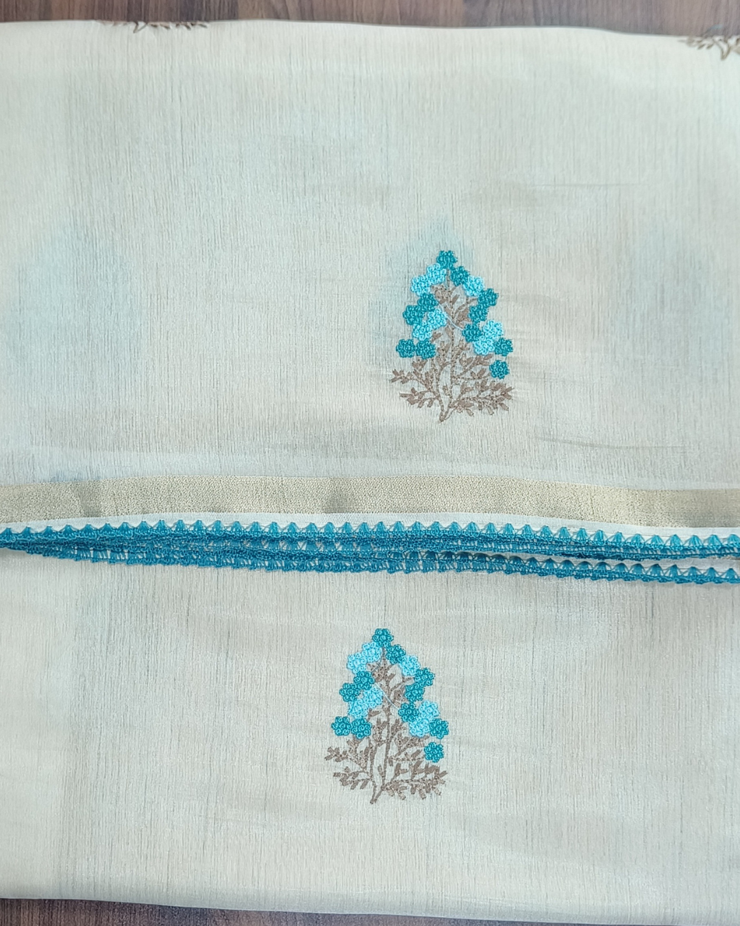 Onam Tissue Saree with Embroidery - Floral Tree - Blue (Comes with running blouse)