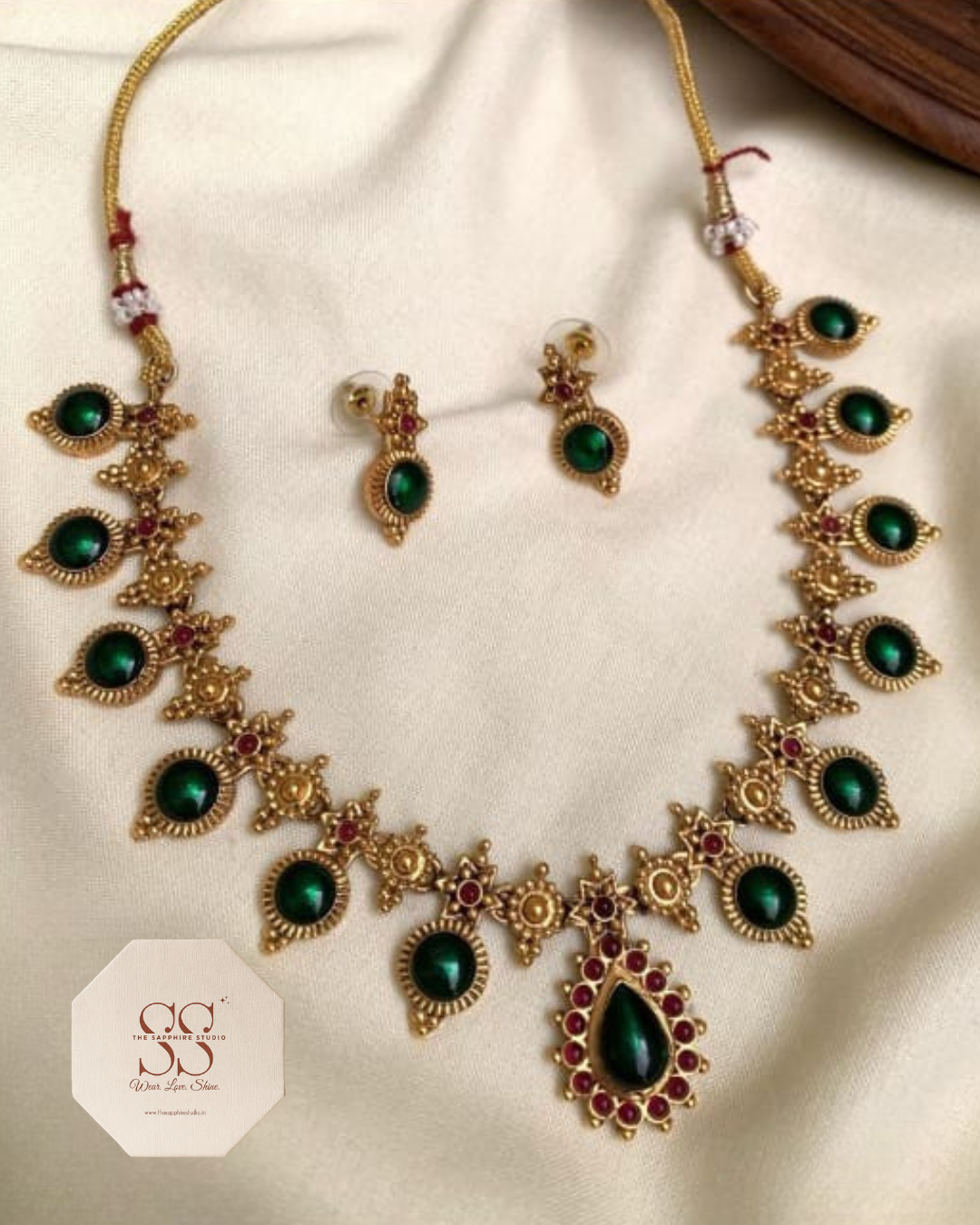 Styled Look: Orange Banarasi Tissue Saree + Emerald Temple Necklace Set