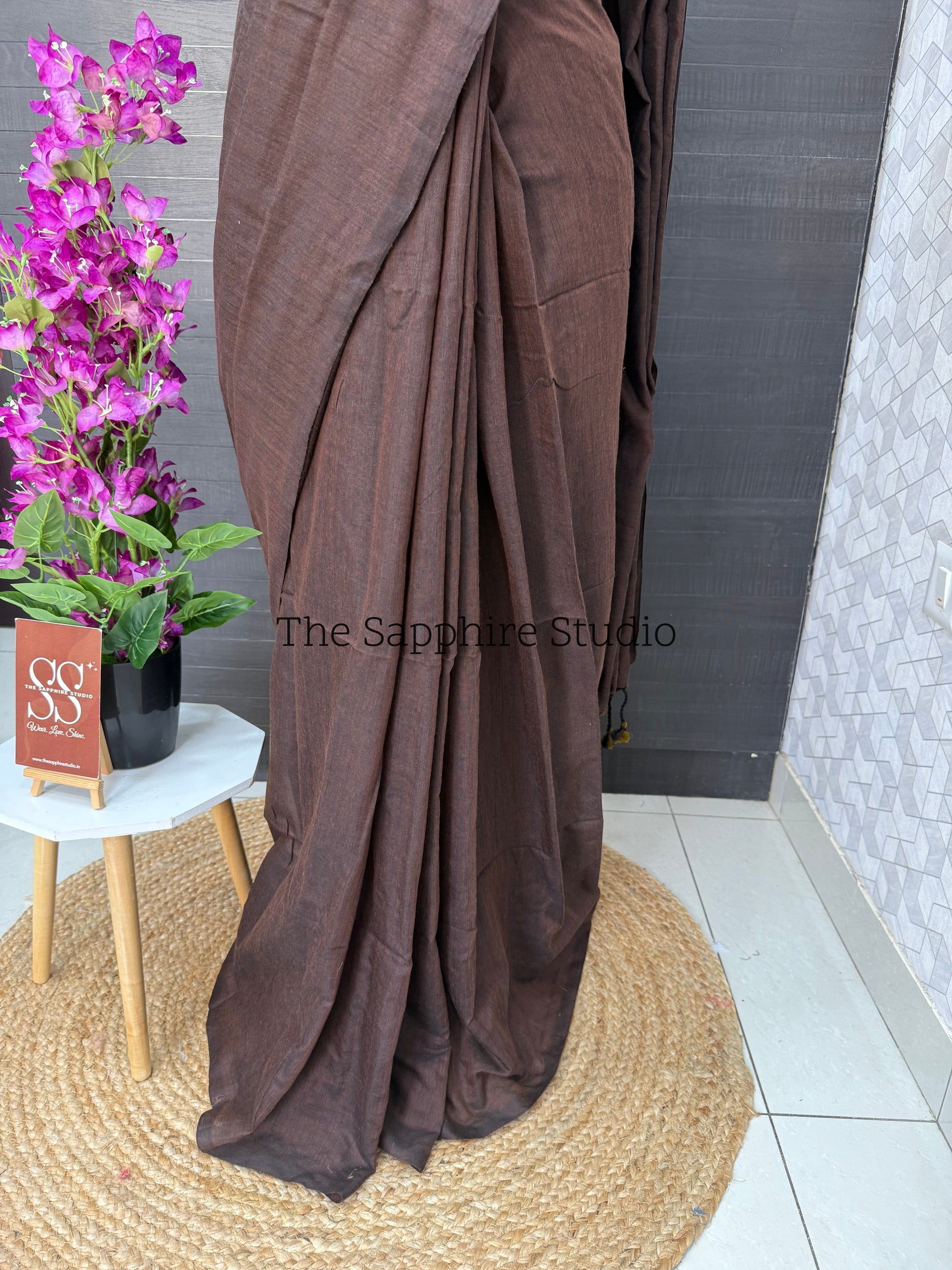 Chocolate Brown khadi cotton saree with Floral Contrast Blouse