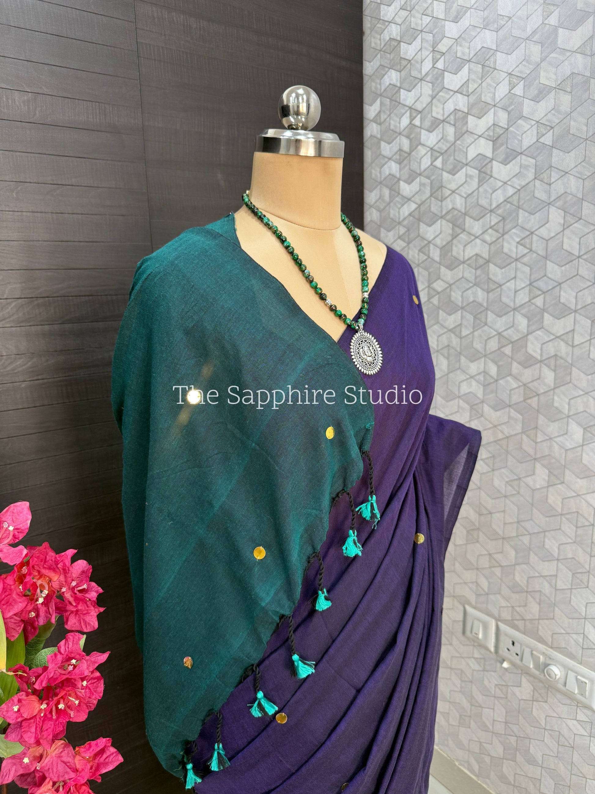 Royal Purple & Teal Khadi Cotton Saree
