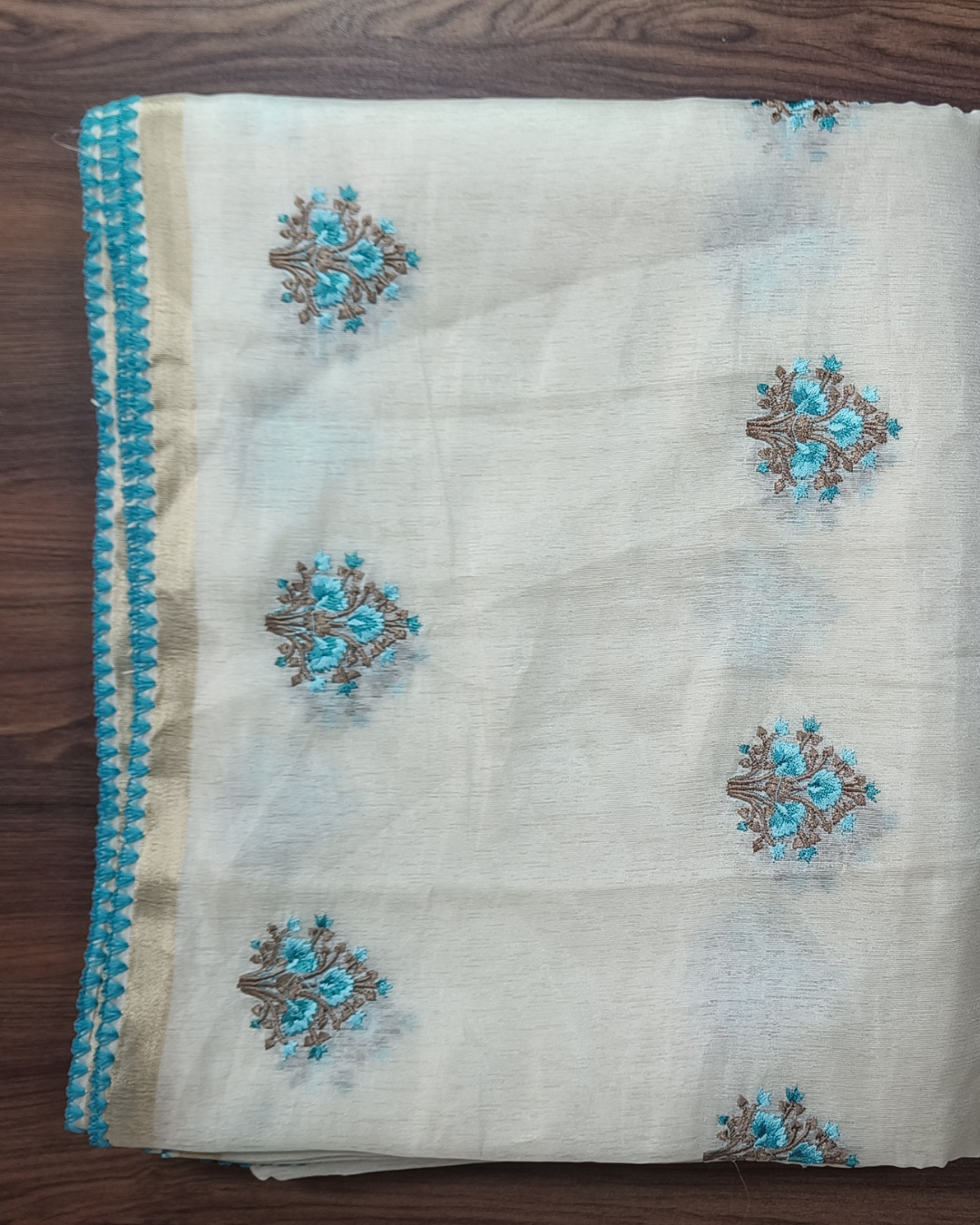 Onam Tissue Saree with Embroidery - Floral - Blue (Comes with running blouse)