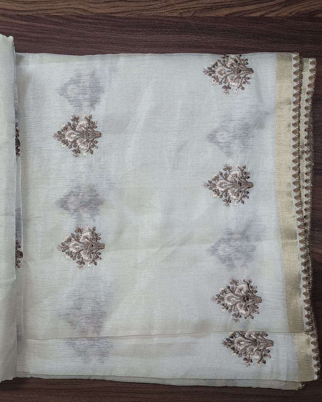Onam Tissue Saree with Embroidery - Floral - Brown (Comes with running blouse)