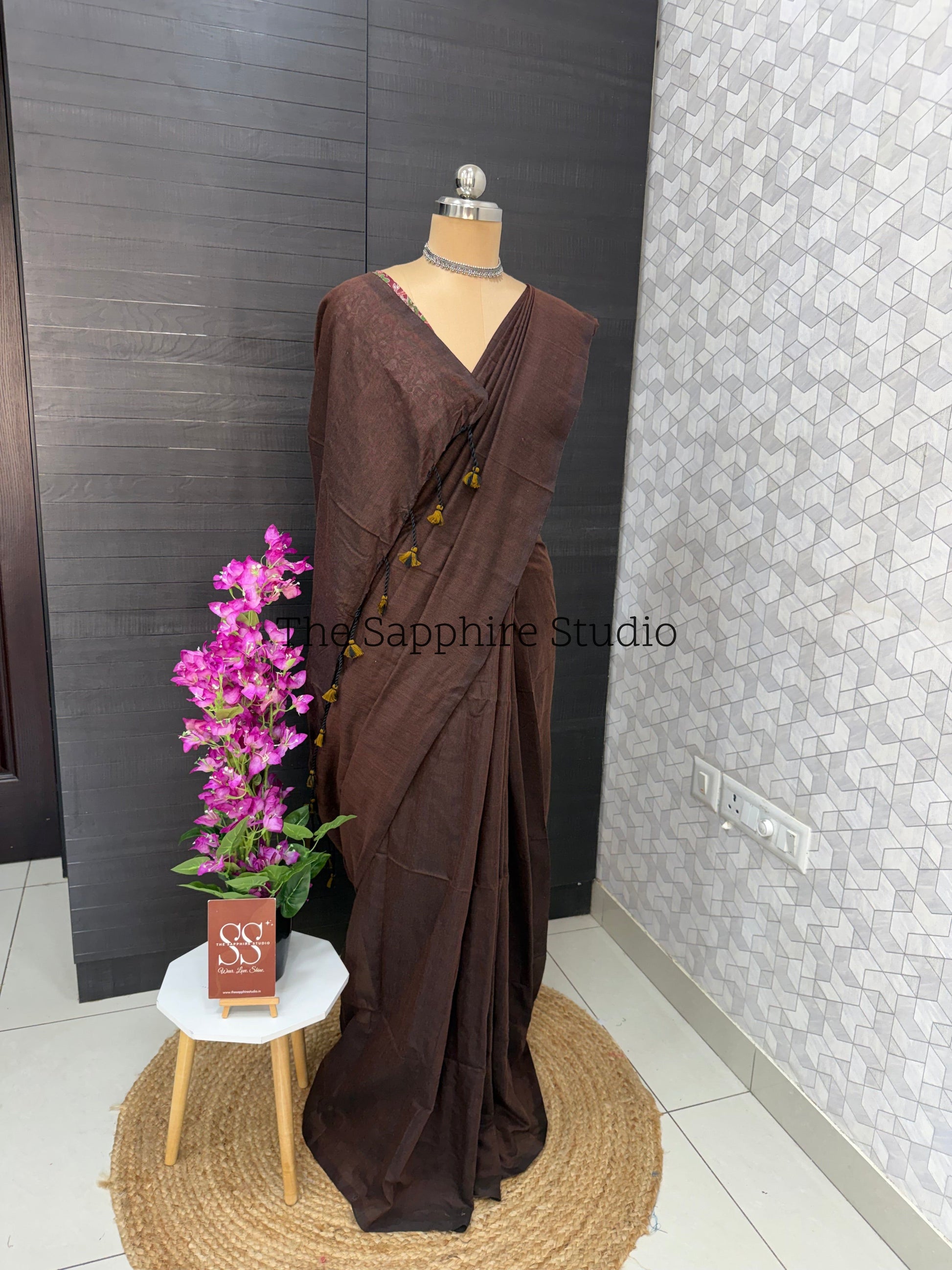 Chocolate Brown khadi cotton saree with Floral Contrast Blouse