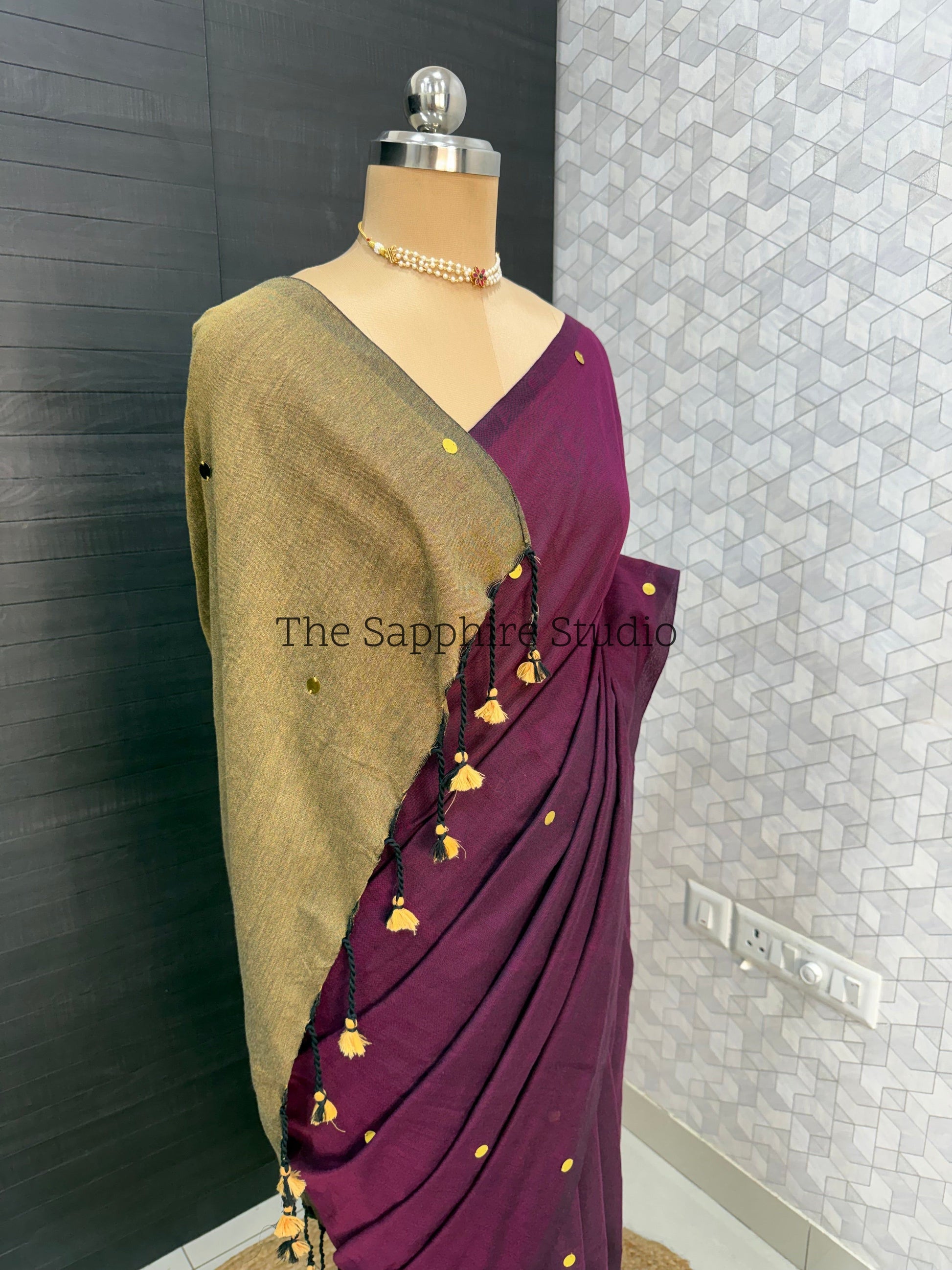 Wine Purple & Mustard Khadi Cotton Saree