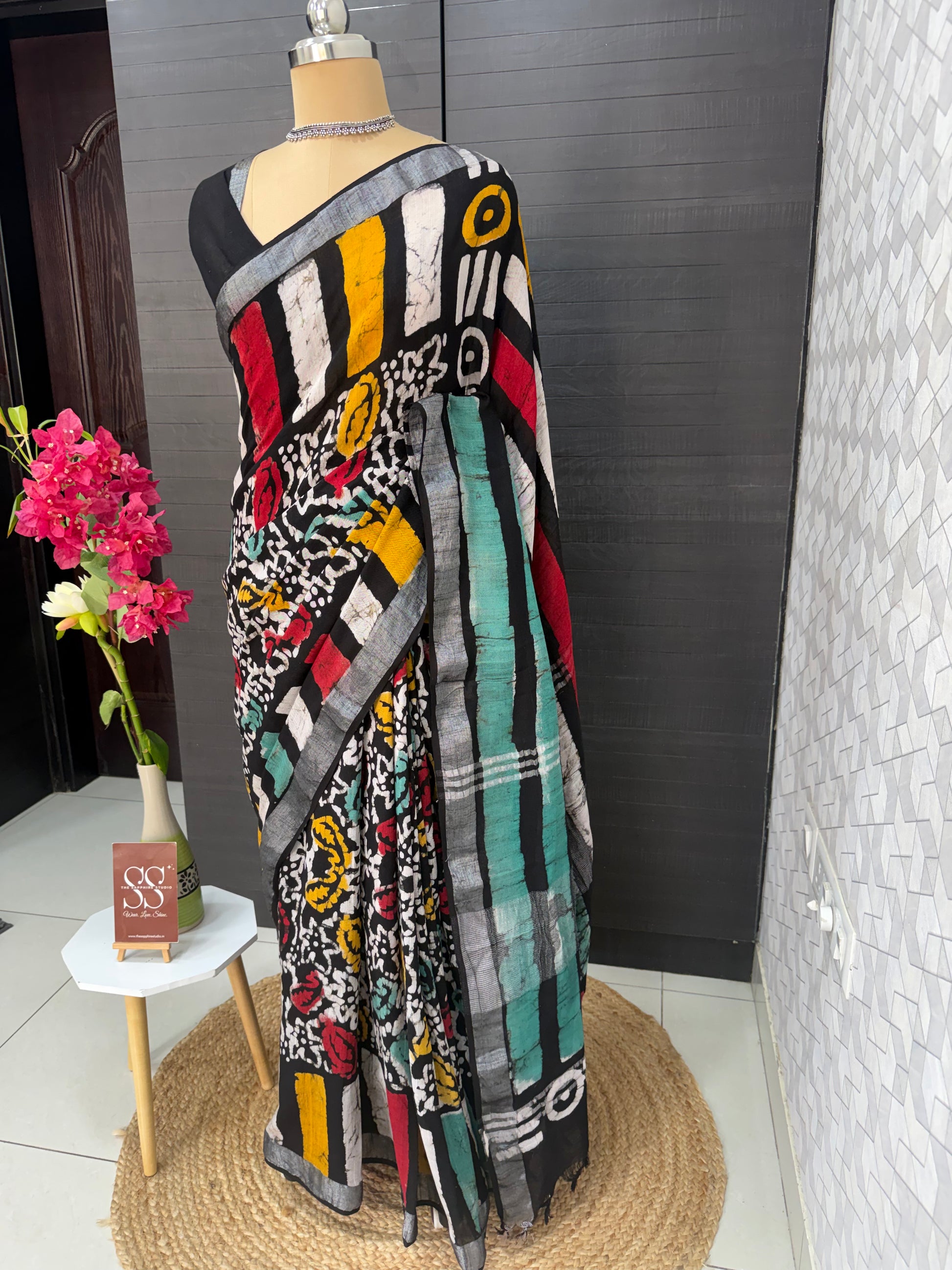 Multicolor Linen Bagru Saree with Running Blouse