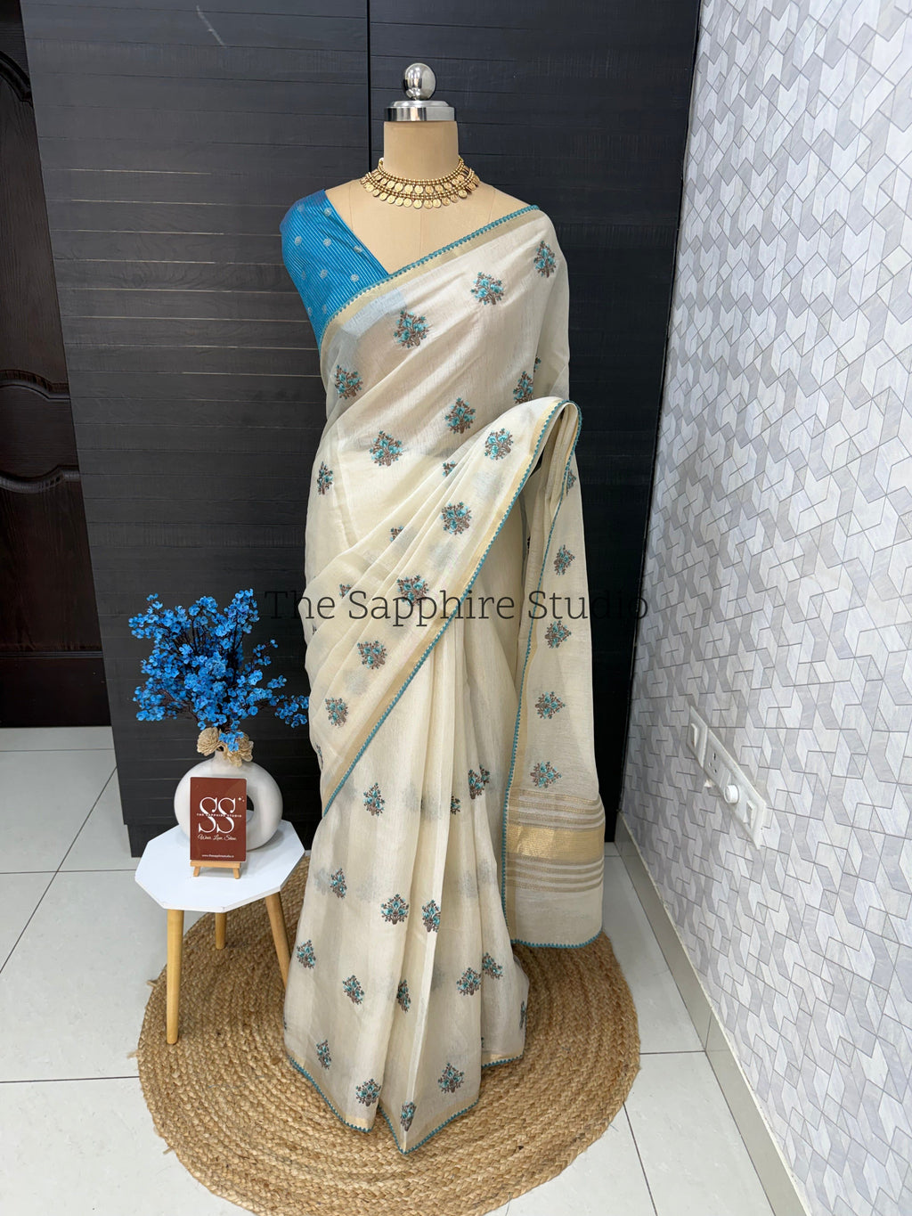 Onam/ Vishu Tissue Saree with Embroidery - Floral - Blue (Comes with contrast blue blouse)