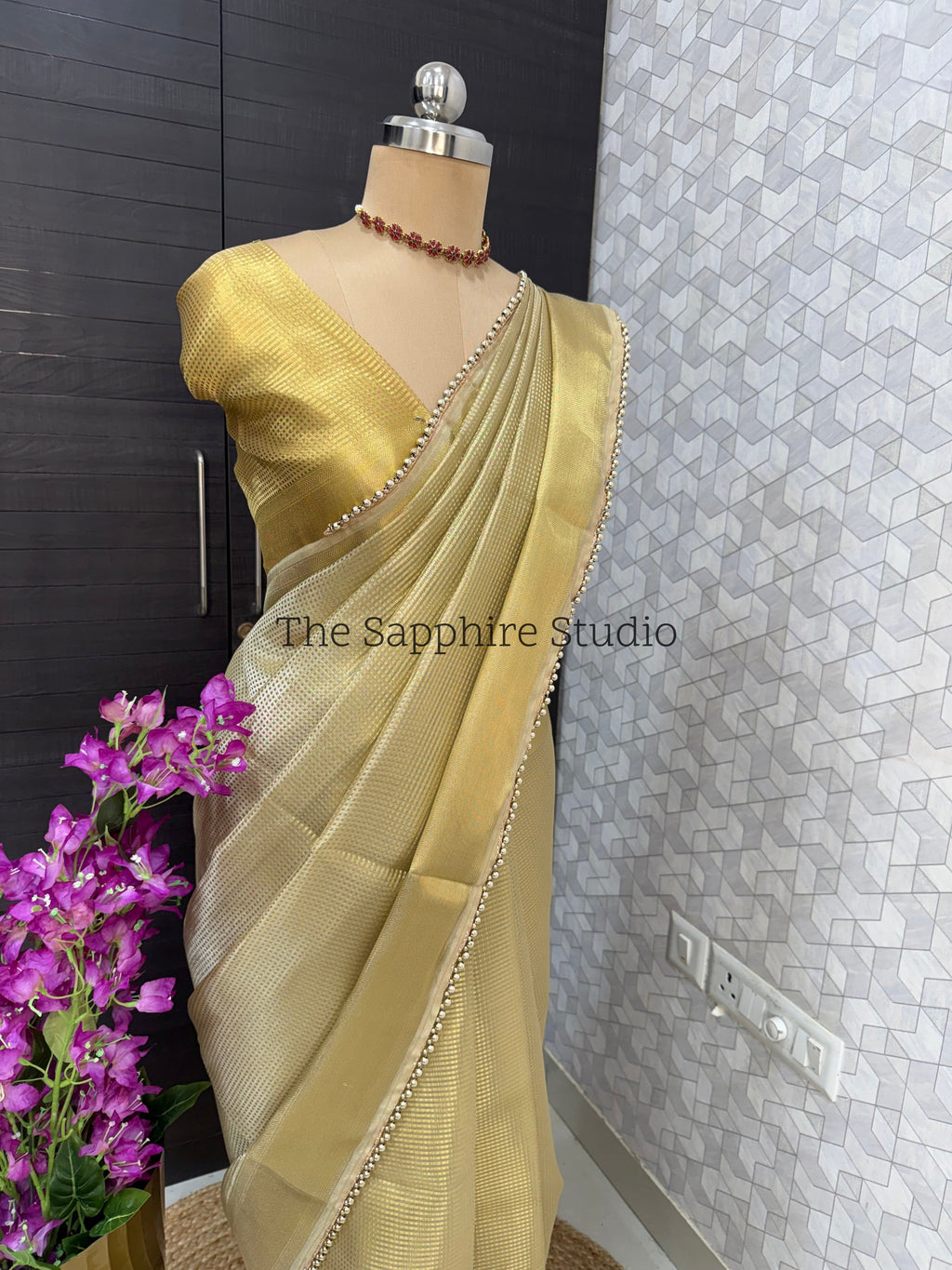 Tissue golden shade saree with lace border