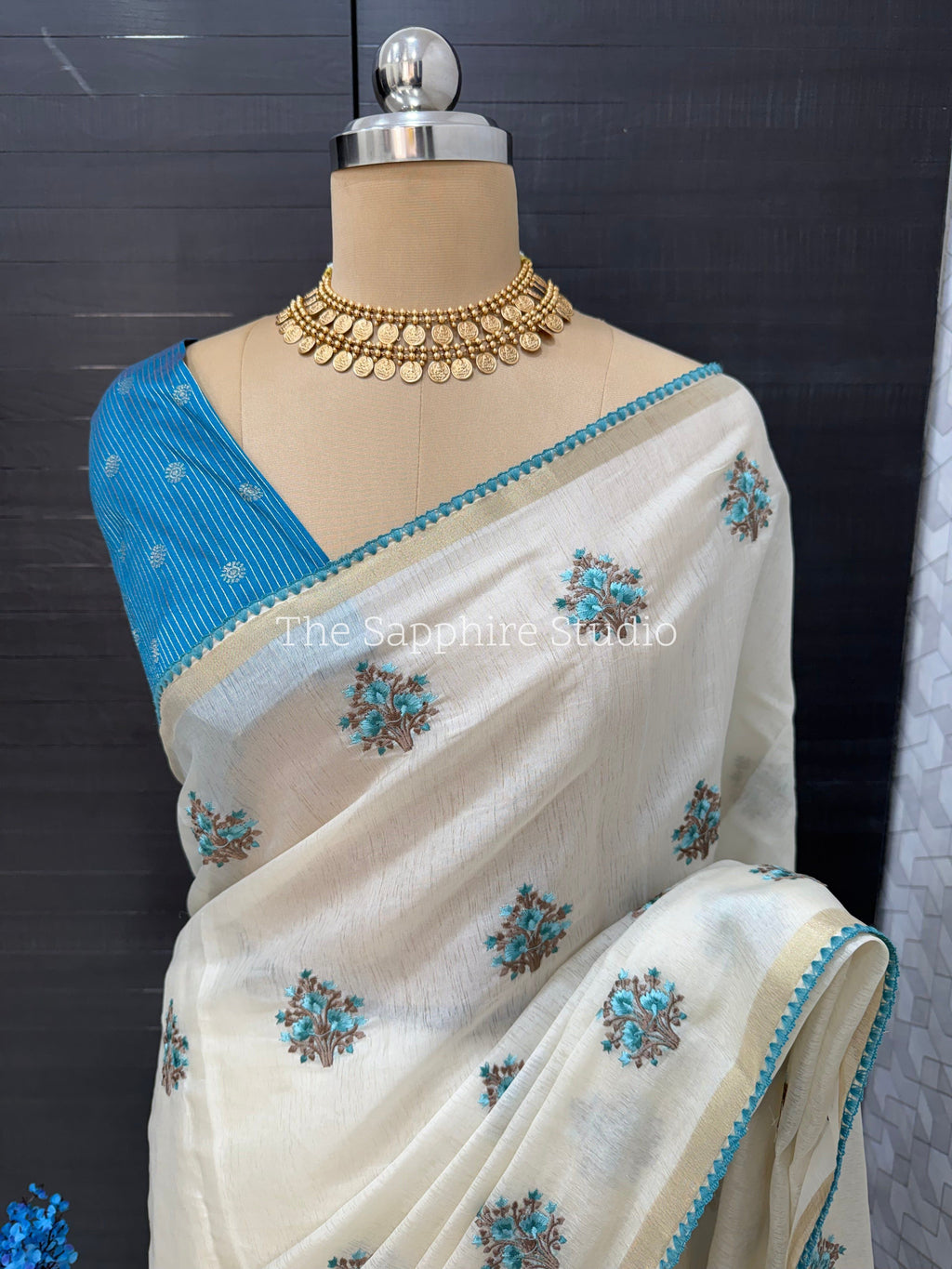 Onam/ Vishu Tissue Saree with Embroidery - Floral - Blue (Comes with contrast blue blouse)