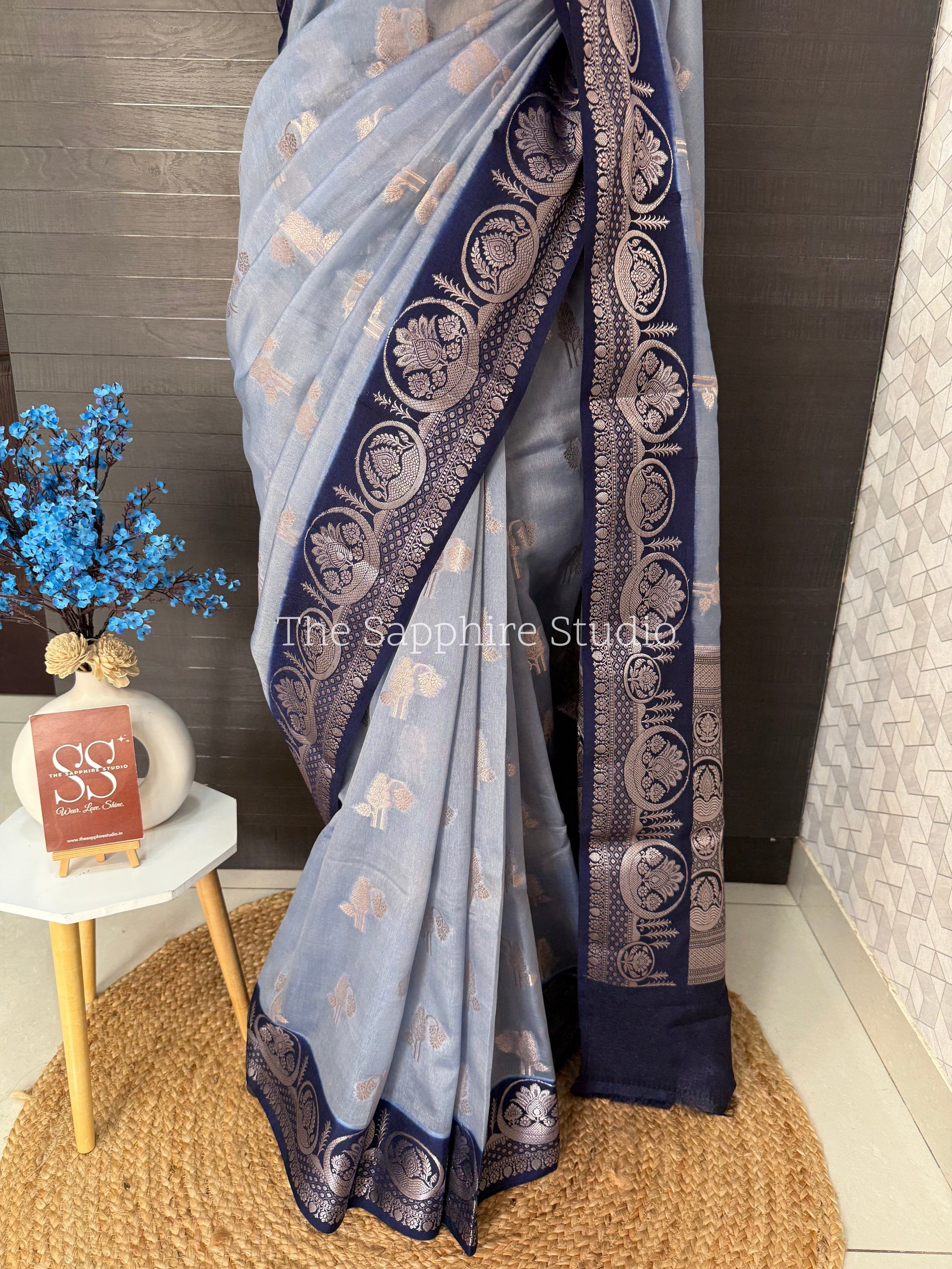 Blue Banarasi Georgette Saree with Navy Border & Silver Zari