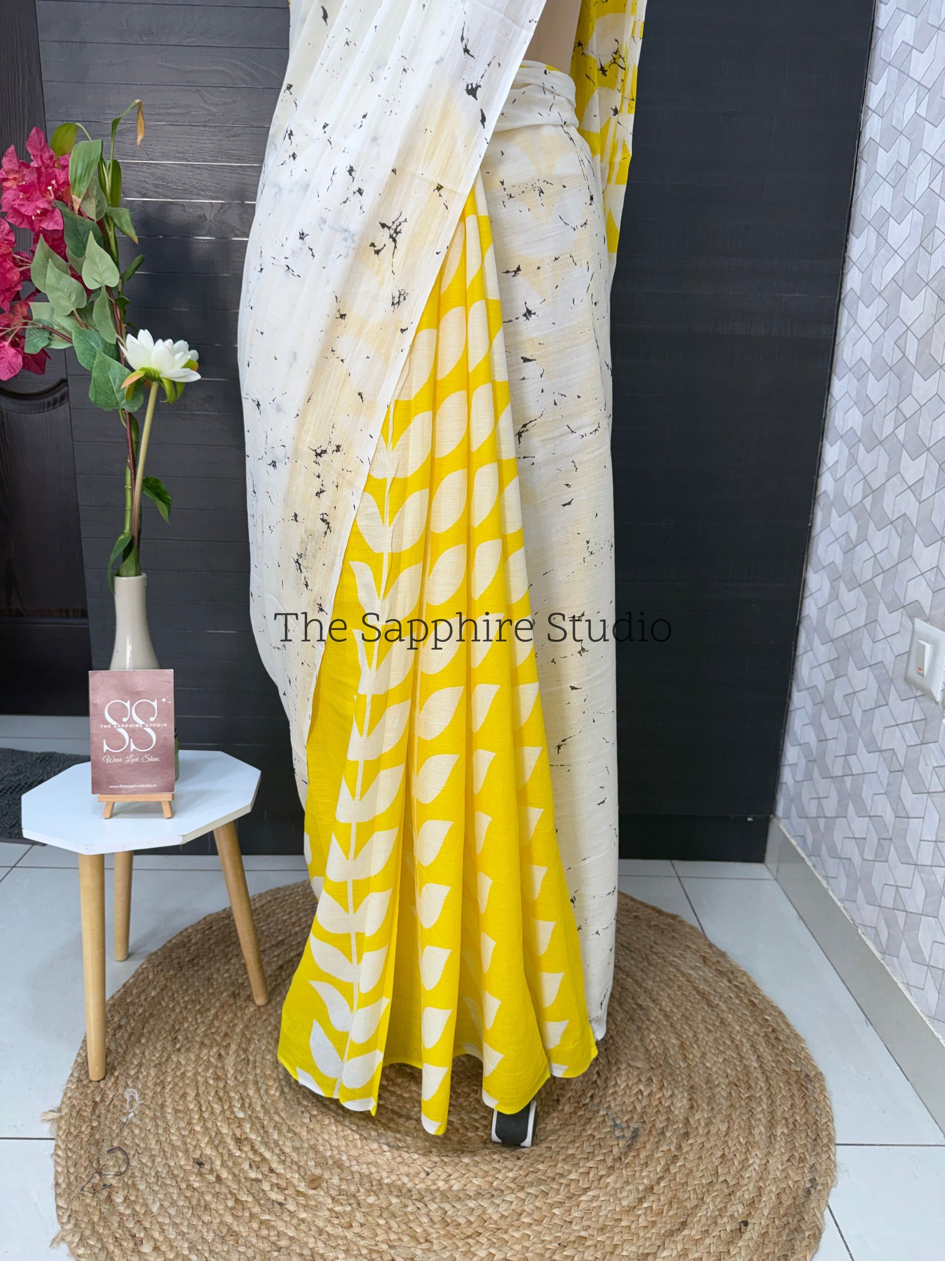 Yellow & White Mul Cotton Saree with Readymade Blouse
