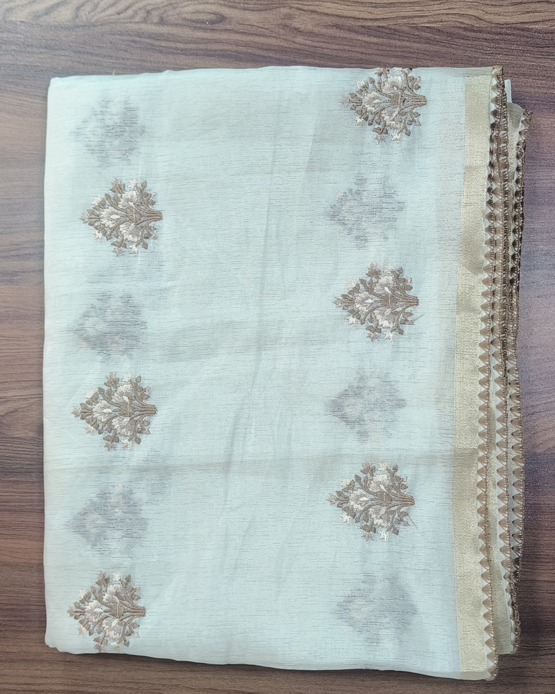 Onam Tissue Saree with Embroidery - Floral - Brown (Comes with running blouse)