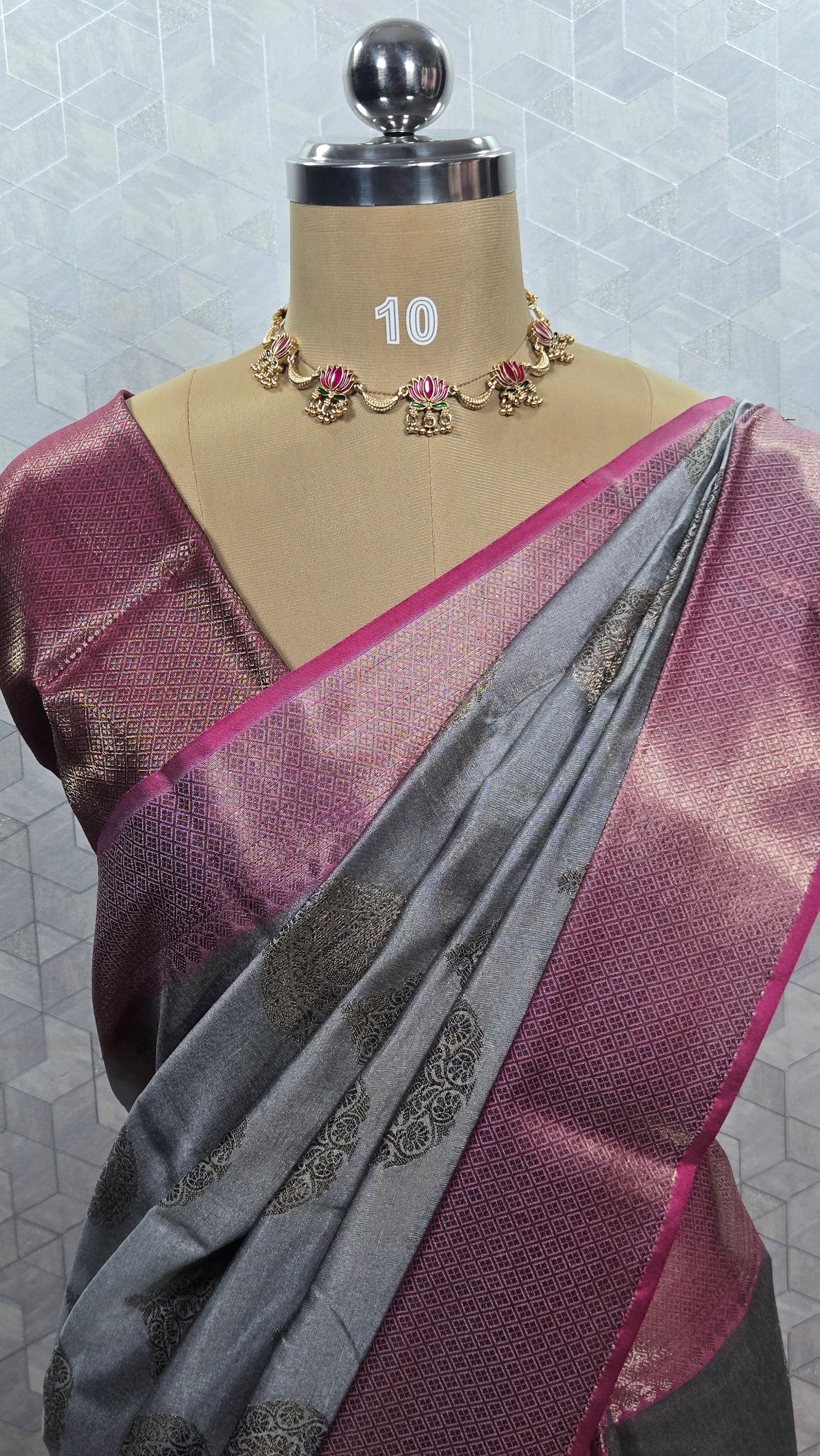 Steel Grey Cotton Silk Saree with Buta Work & Pink Contrast Border