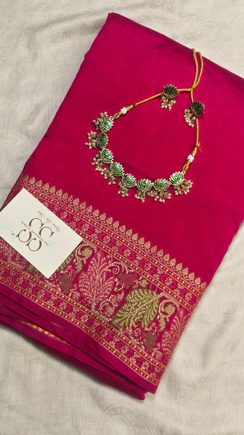 Styled Look: Lotus Gold & Rani Pink Banarasi Georgette Saree