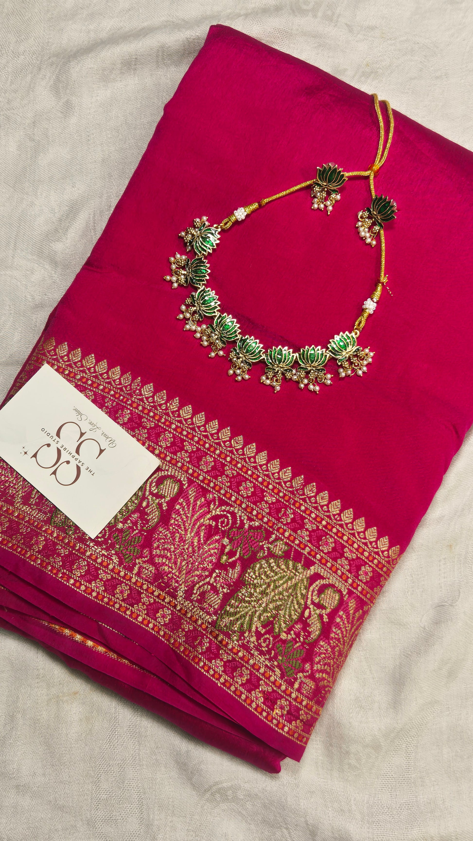 Styled Look: Lotus Gold & Rani Pink Banarasi Georgette Saree