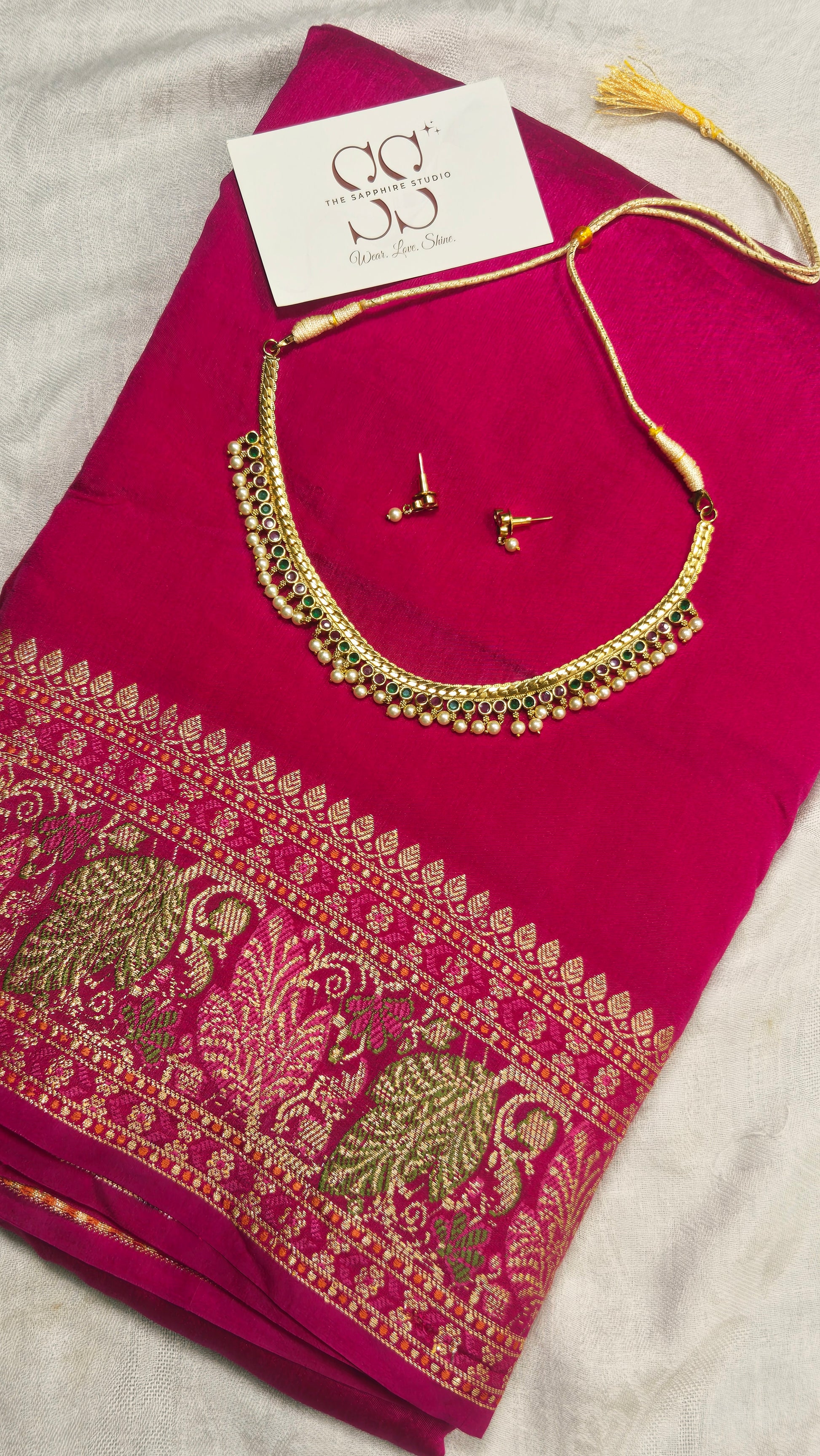 Styled Look: Rani Pink Chiniya Saree + Necklace Set