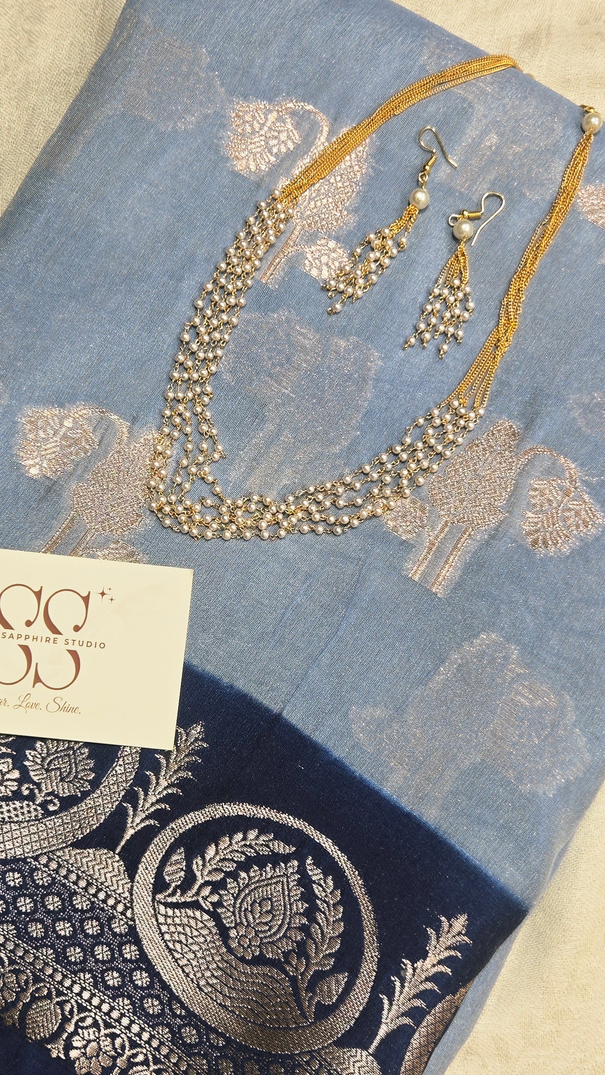 Styled Look: Blue Zari Silk Saree + Layered Pearl Chain Set