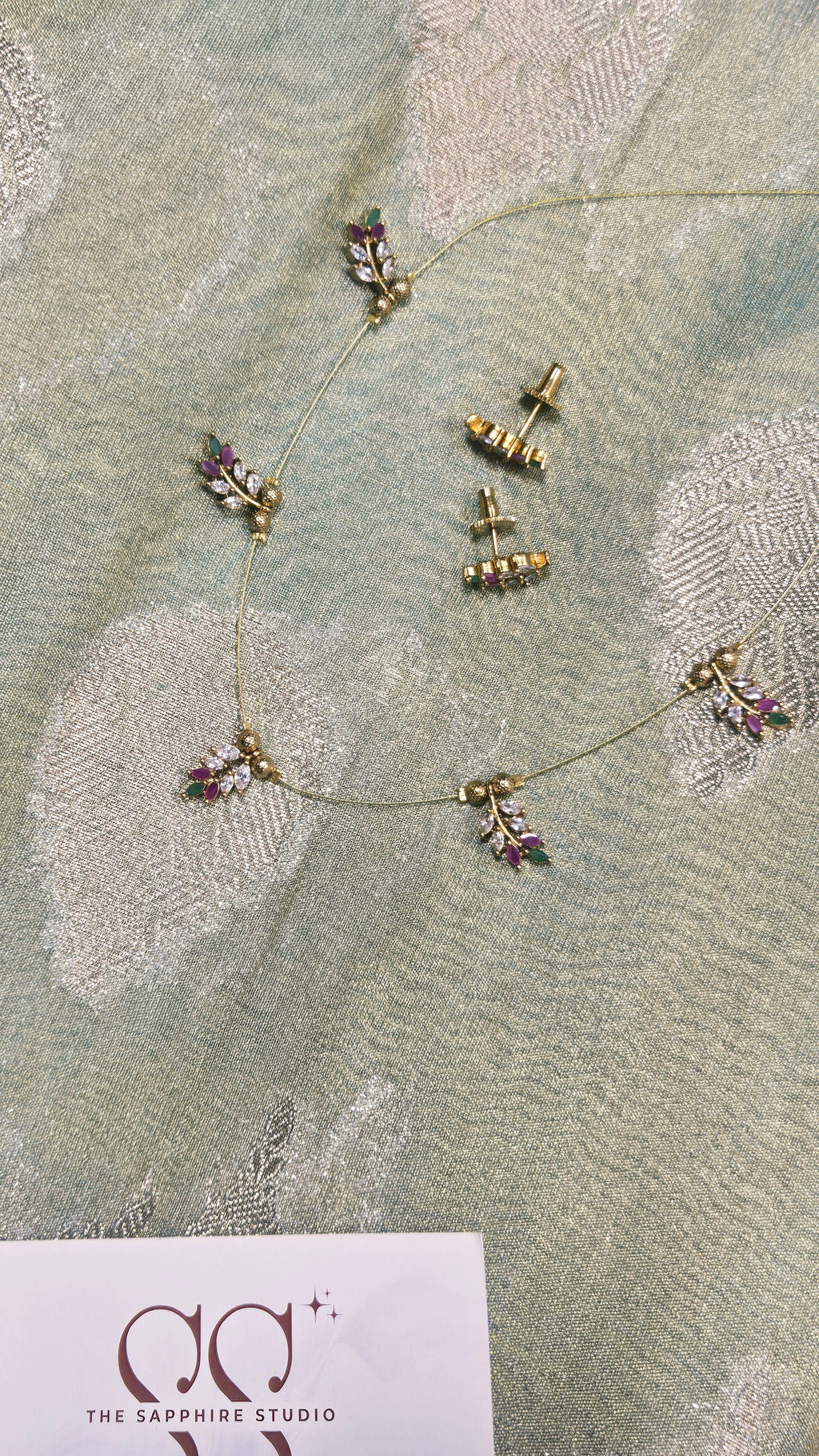 Styled Look: Mist Green Tissue Saree + Gem-Leaf Jewelry Set