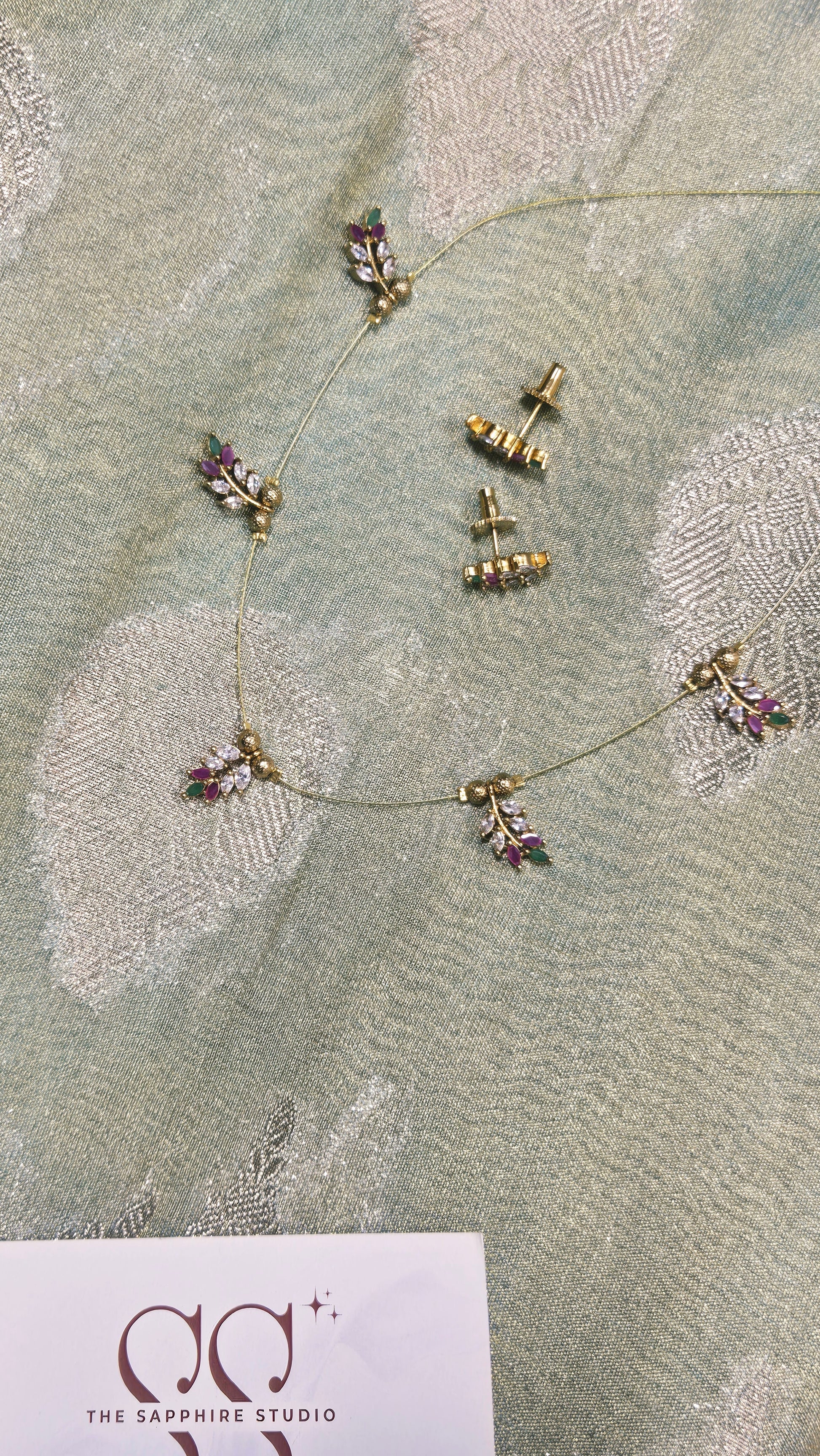 Styled Look: Mist Green Tissue Saree + Gem-Leaf Jewelry Set