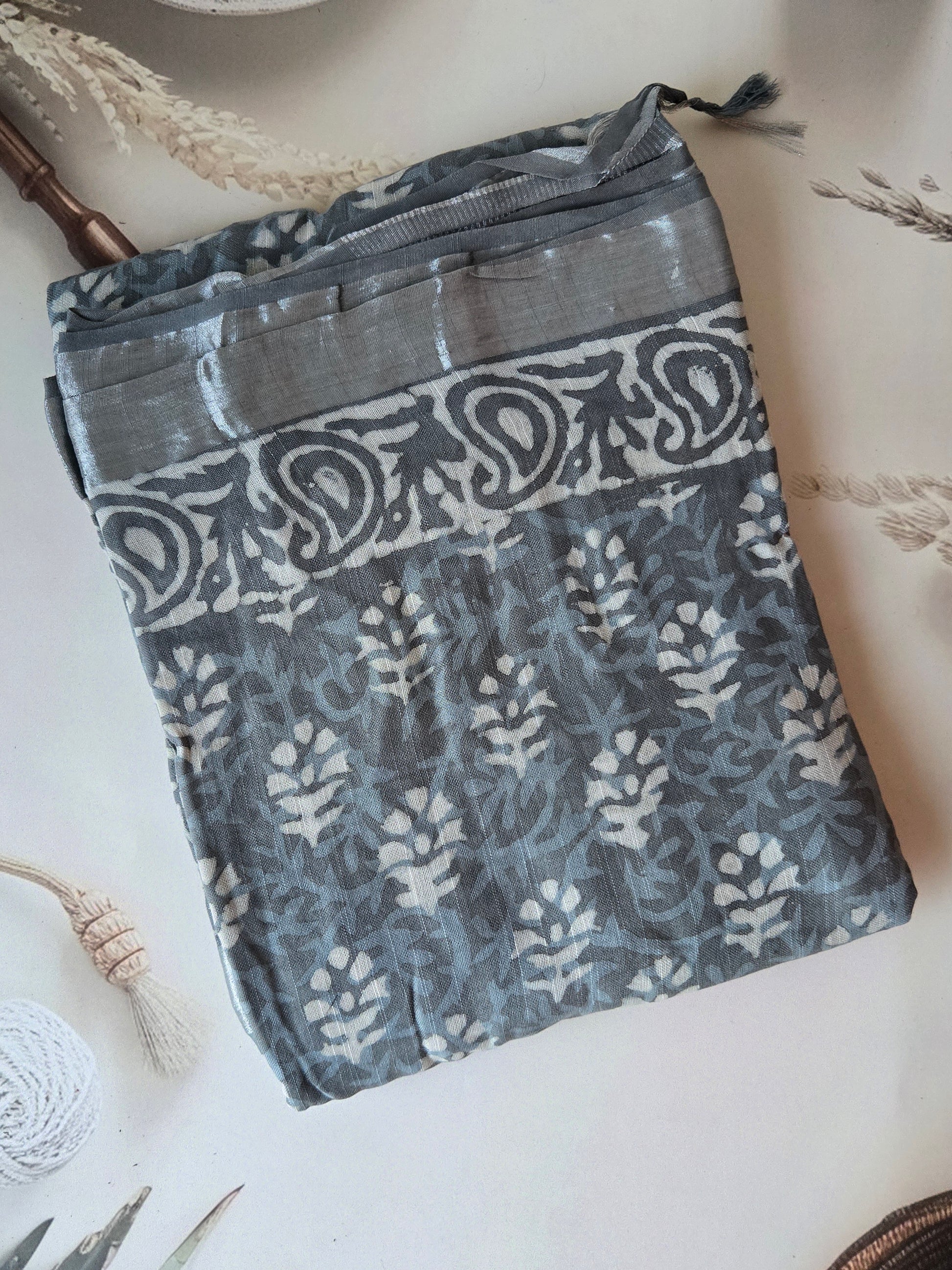 Grey Linen Bagru Saree with Running Blouse
