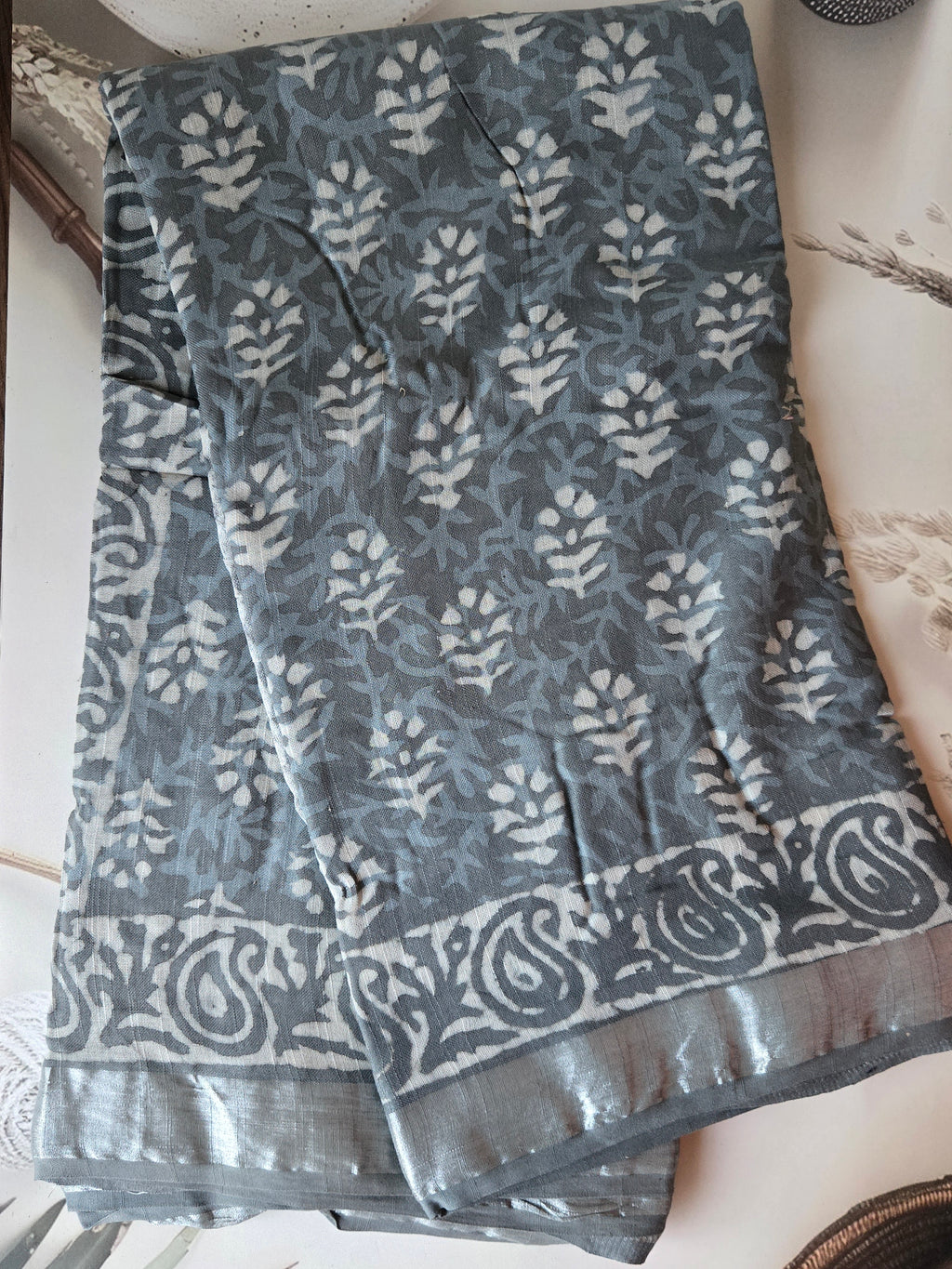 Grey Linen Bagru Saree with Running Blouse