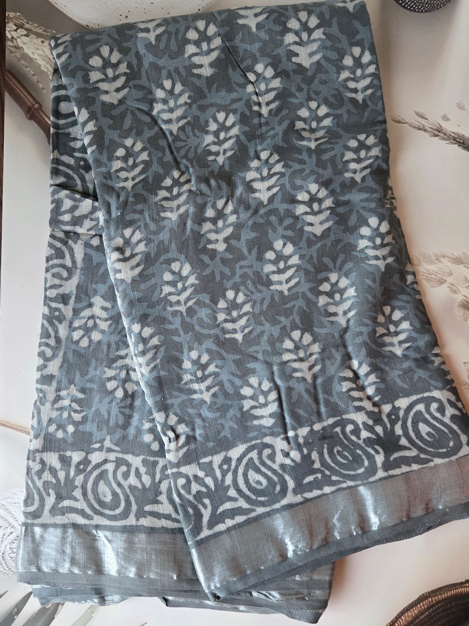 Grey Linen Bagru Saree with Running Blouse