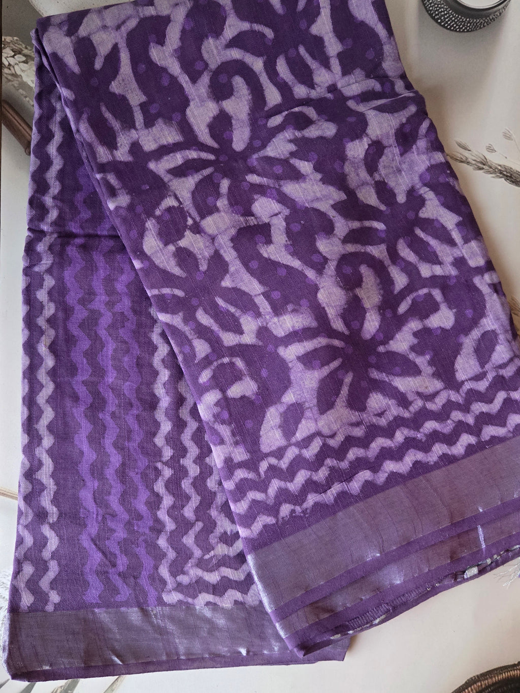 Purple Linen Bagru Saree with Running Blouse