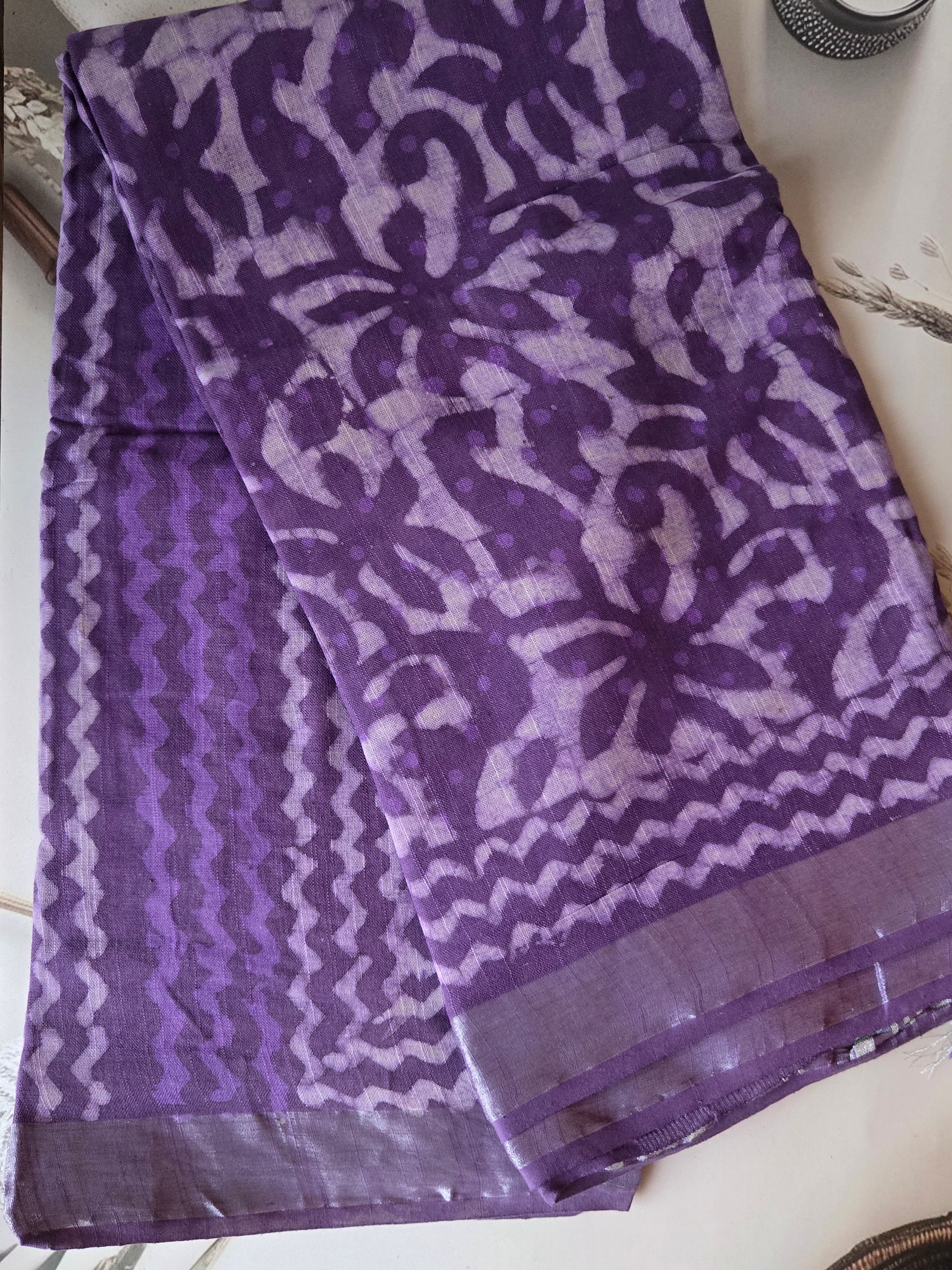 Purple Linen Bagru Saree with Running Blouse