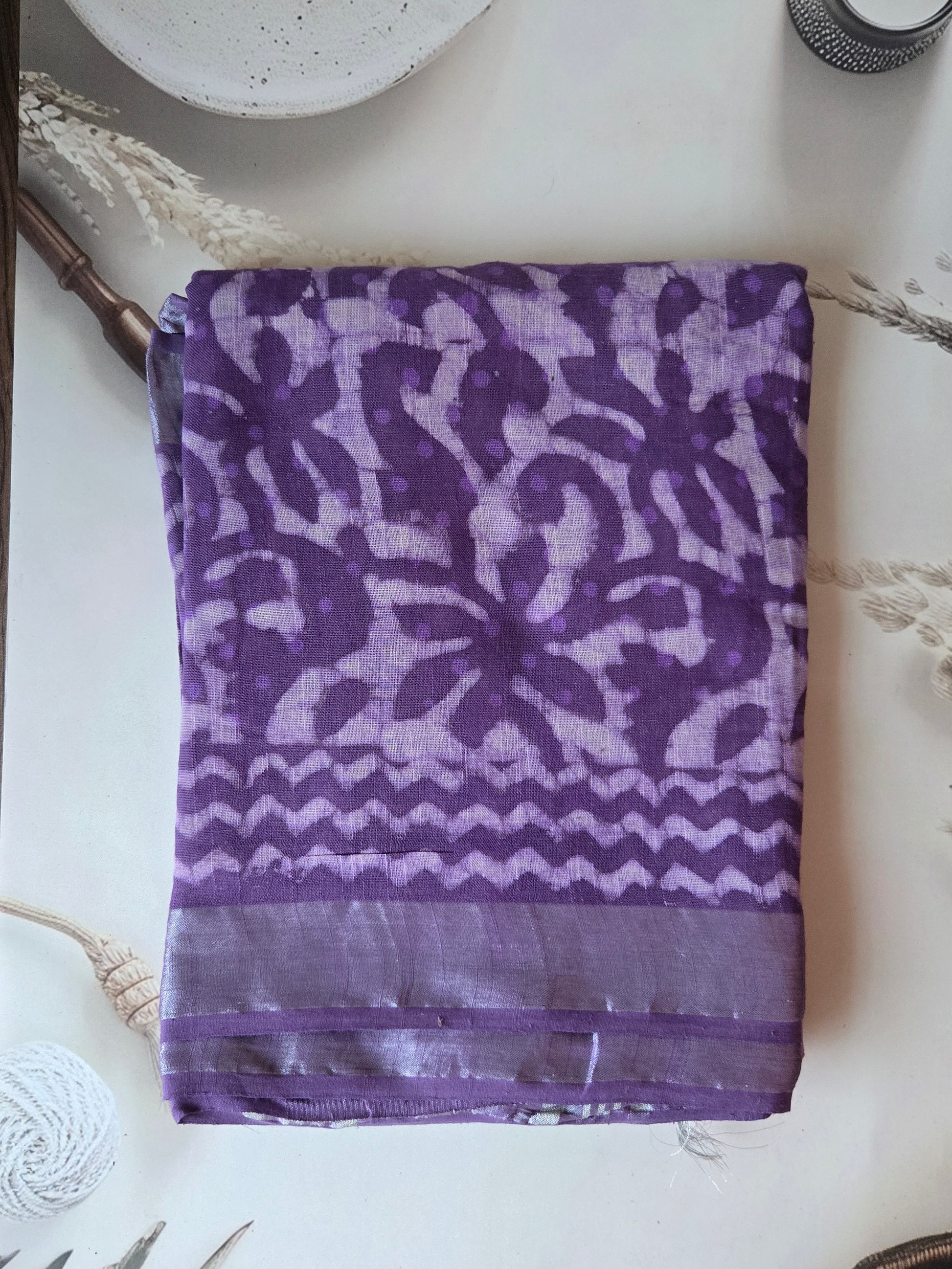Purple Linen Bagru Saree with Running Blouse