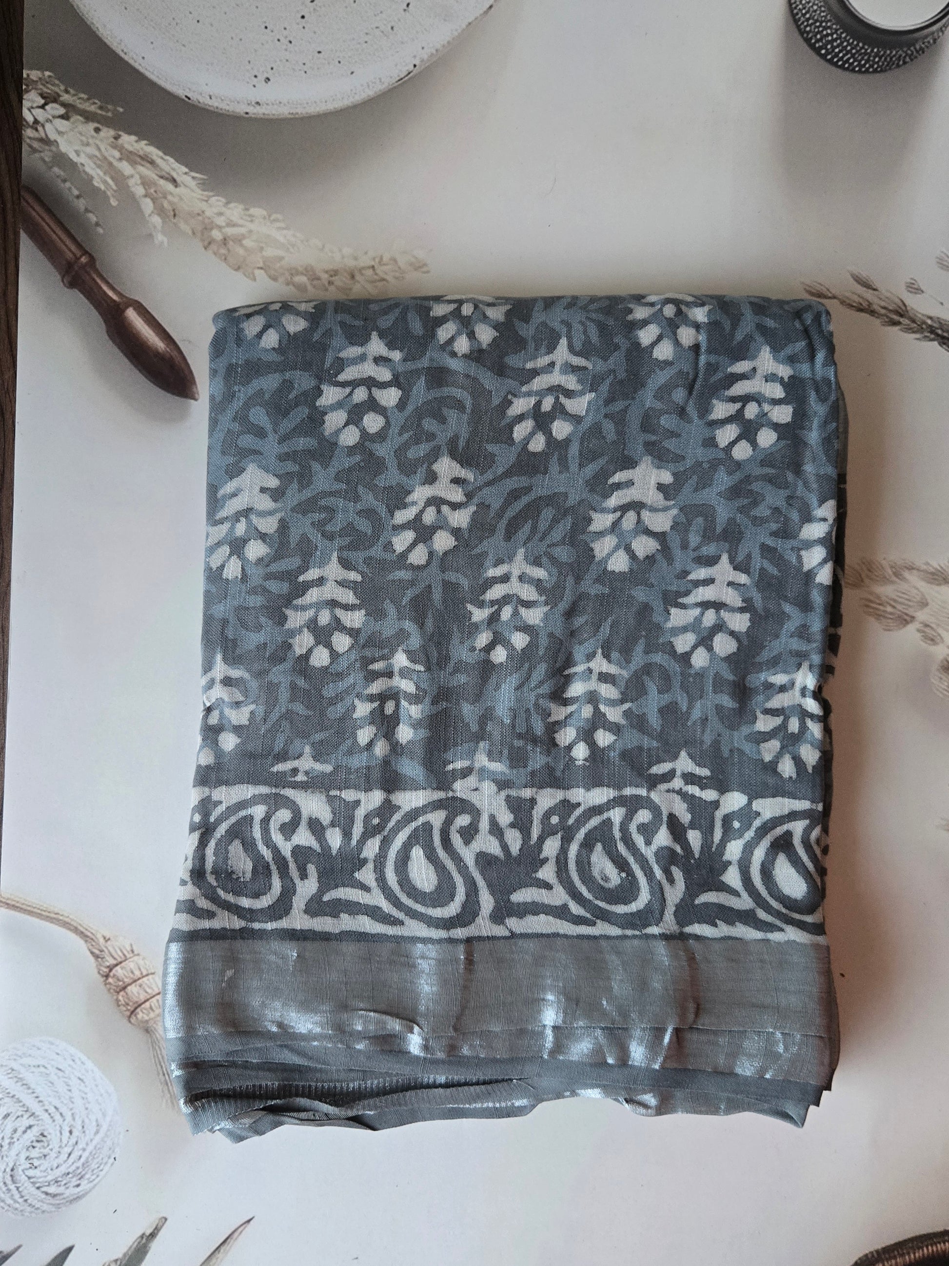 Grey Linen Bagru Saree with Running Blouse
