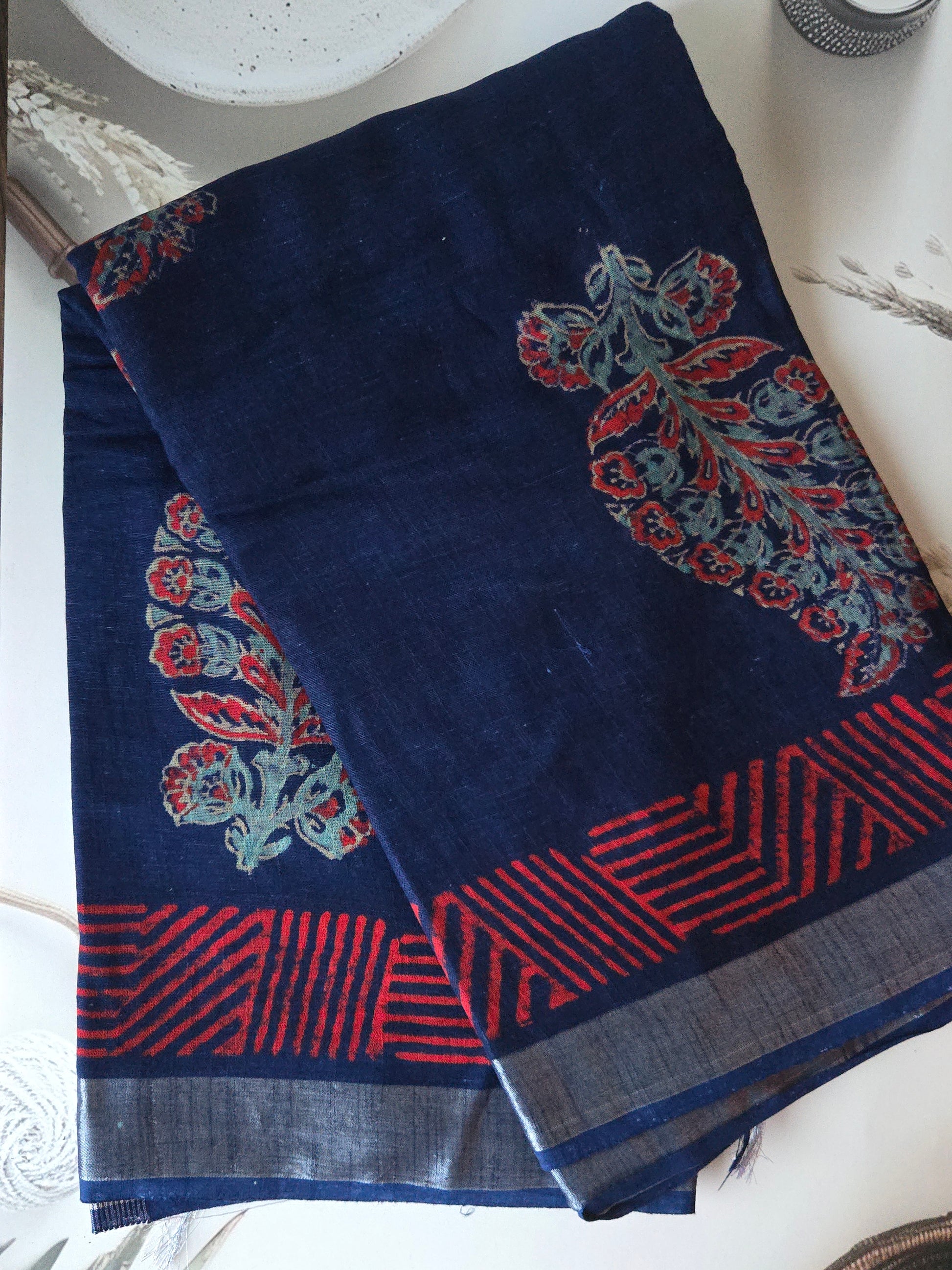 Navy Blue Linen Bagru Saree with Silver Border and Readymade blouse