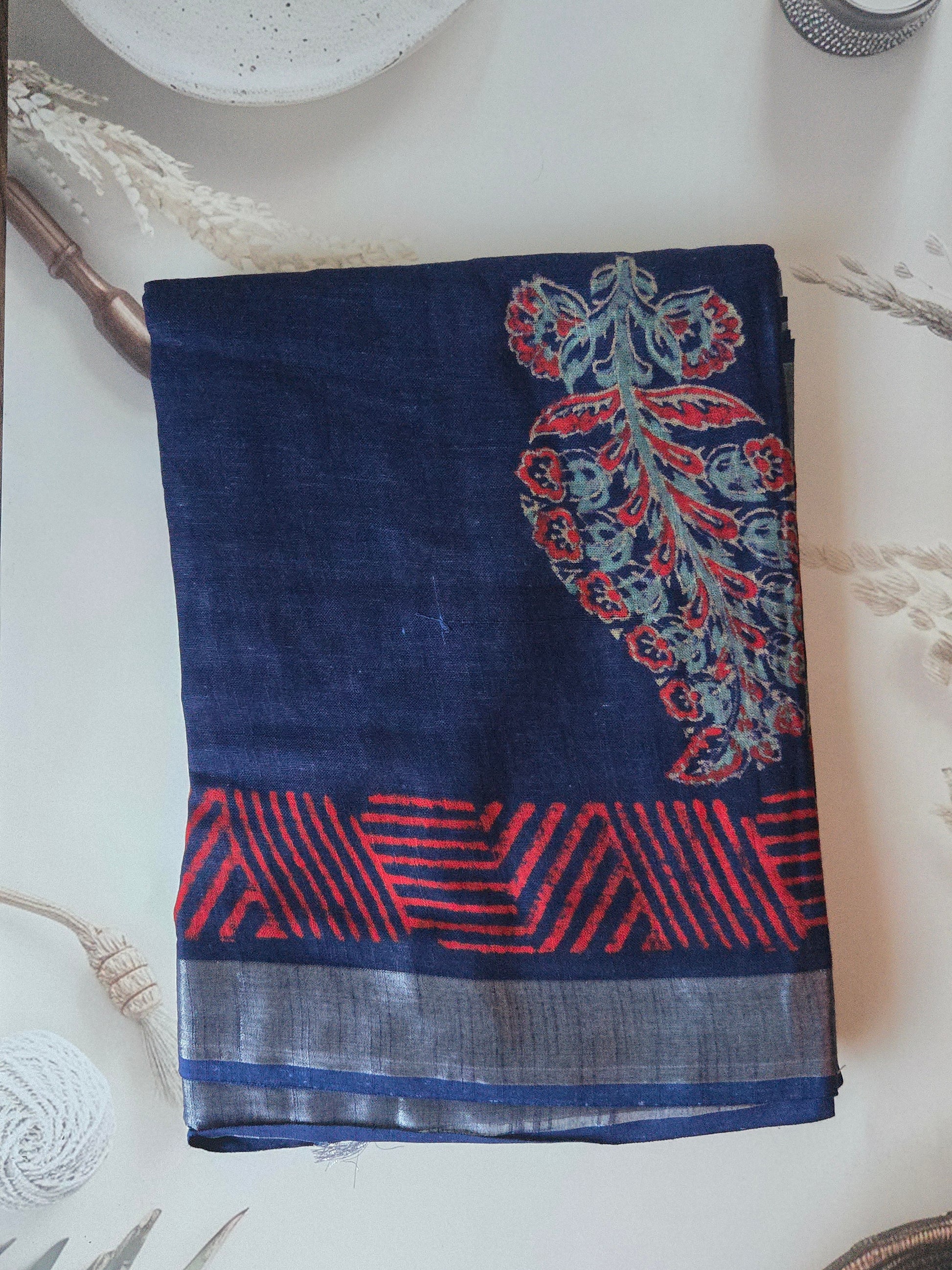 Navy Blue Linen Bagru Saree with Silver Border and Readymade blouse