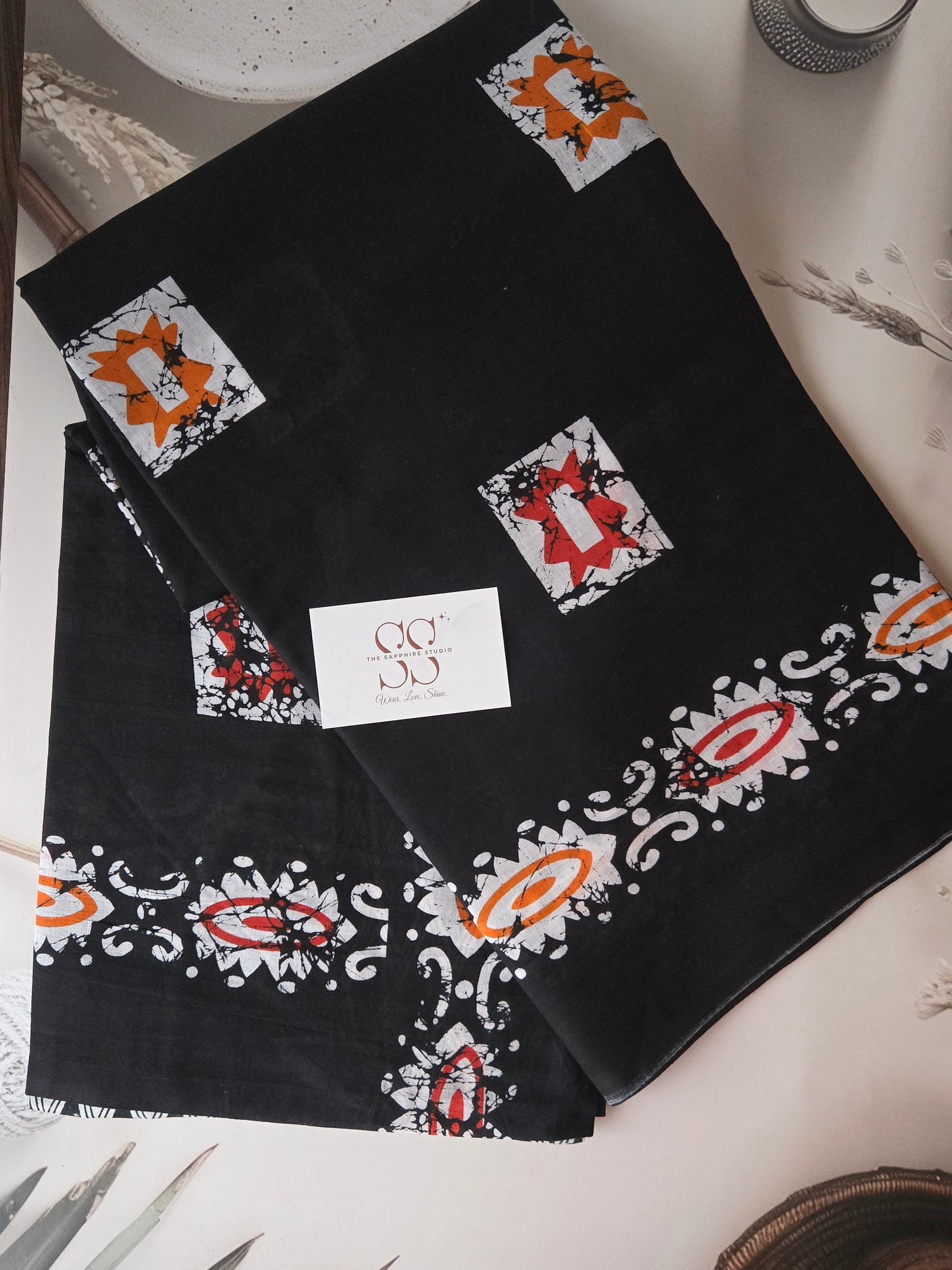 Black Mul Cotton Saree with Readymade Blouse