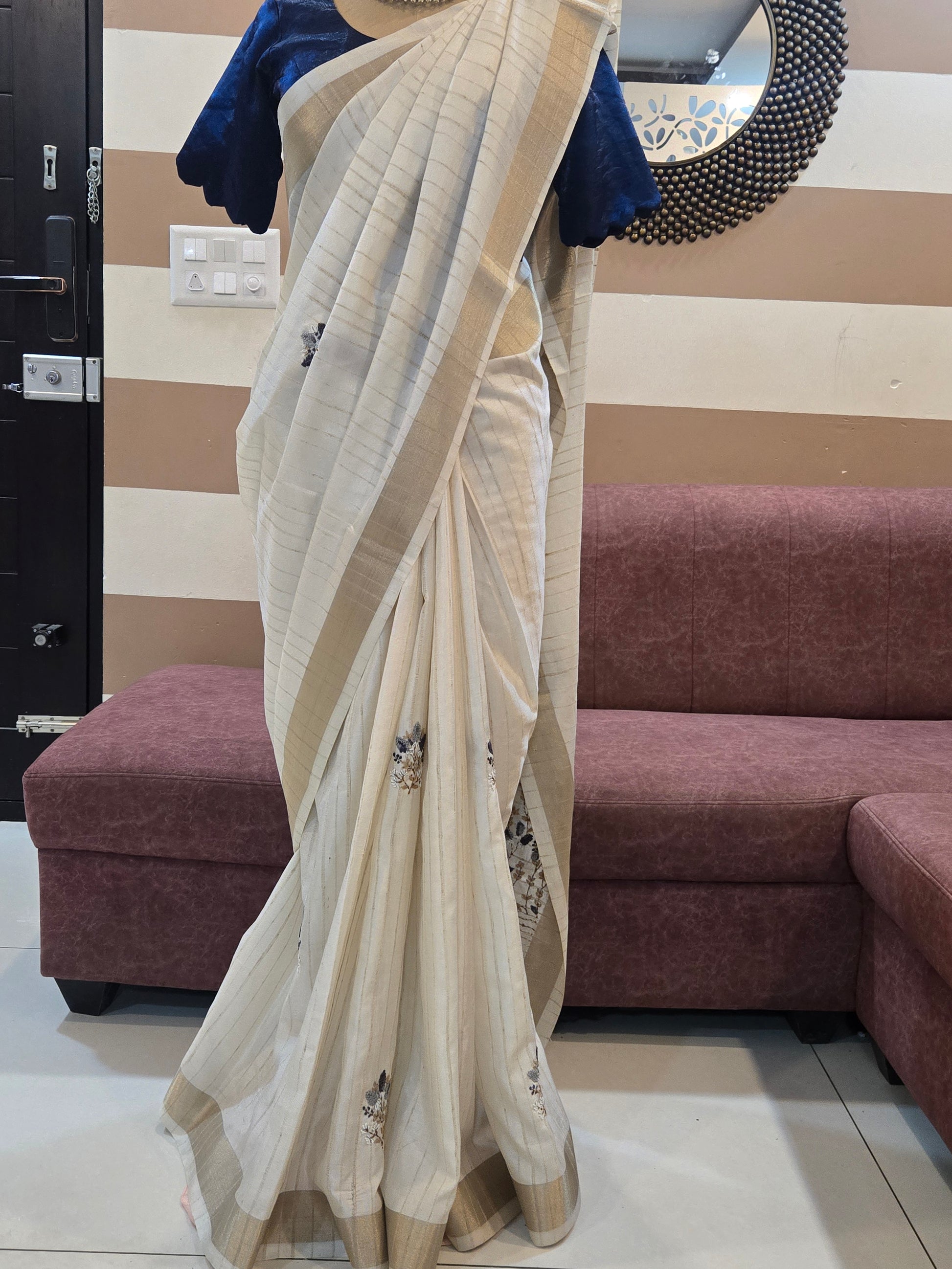 Onam Tussar Saree with Hand Embroidery & Gold Border (Comes with running blouse)