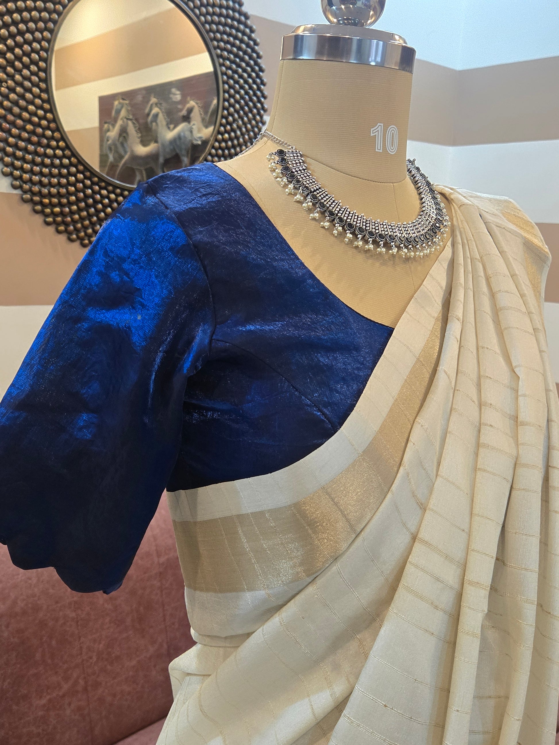 Onam Tussar Saree with Hand Embroidery & Gold Border (Comes with running blouse)