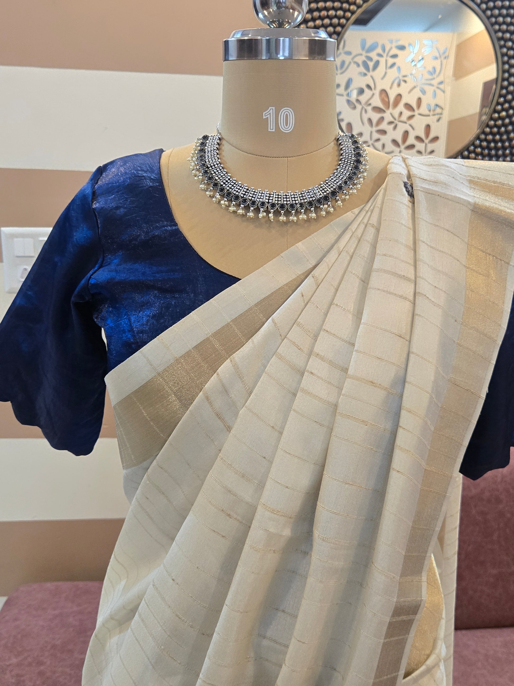 Onam Tussar Saree with Hand Embroidery & Gold Border (Comes with running blouse)