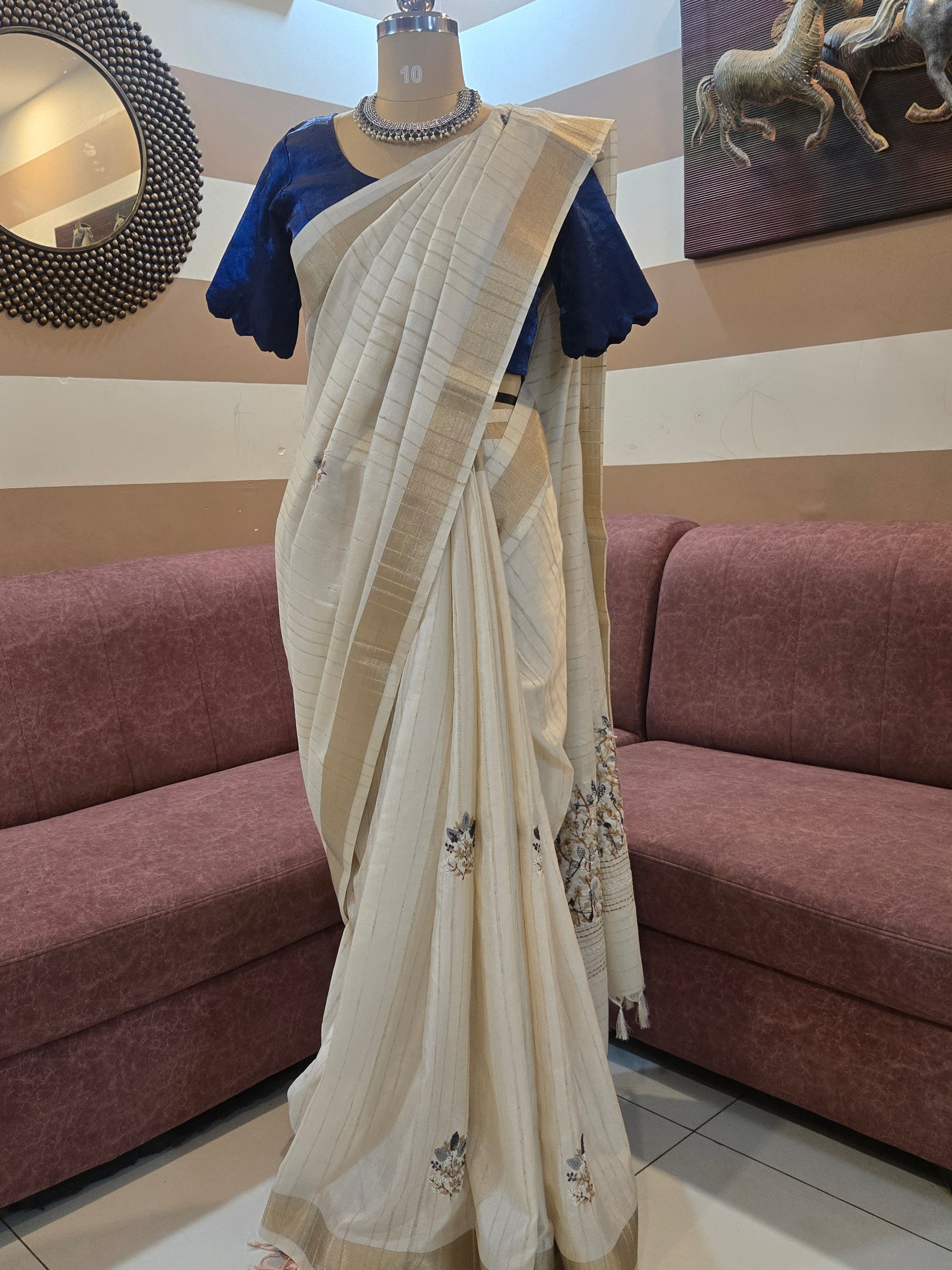 Onam Tussar Saree with Hand Embroidery & Gold Border (Comes with running blouse)