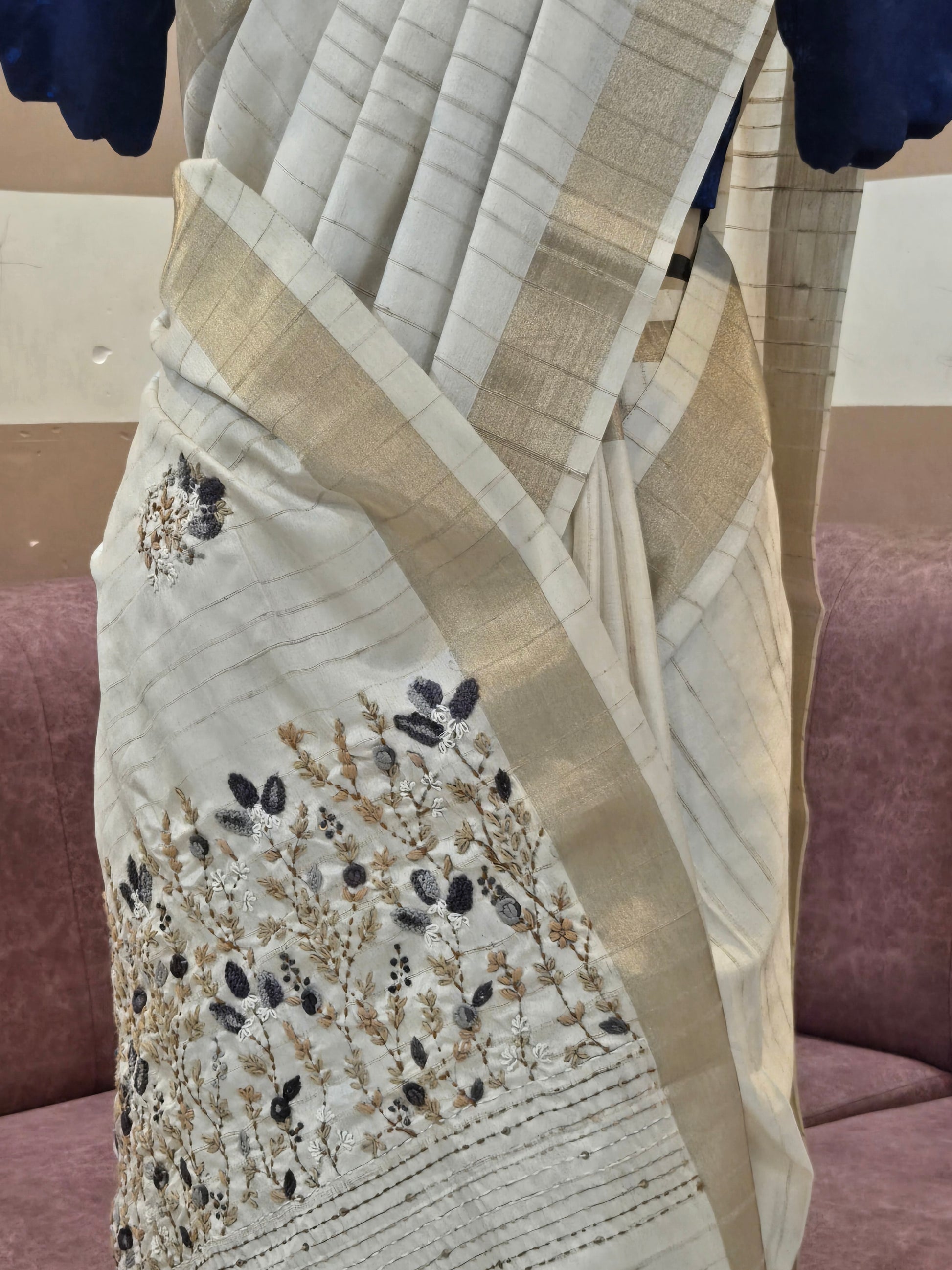 Onam Tussar Saree with Hand Embroidery & Gold Border (Comes with running blouse)