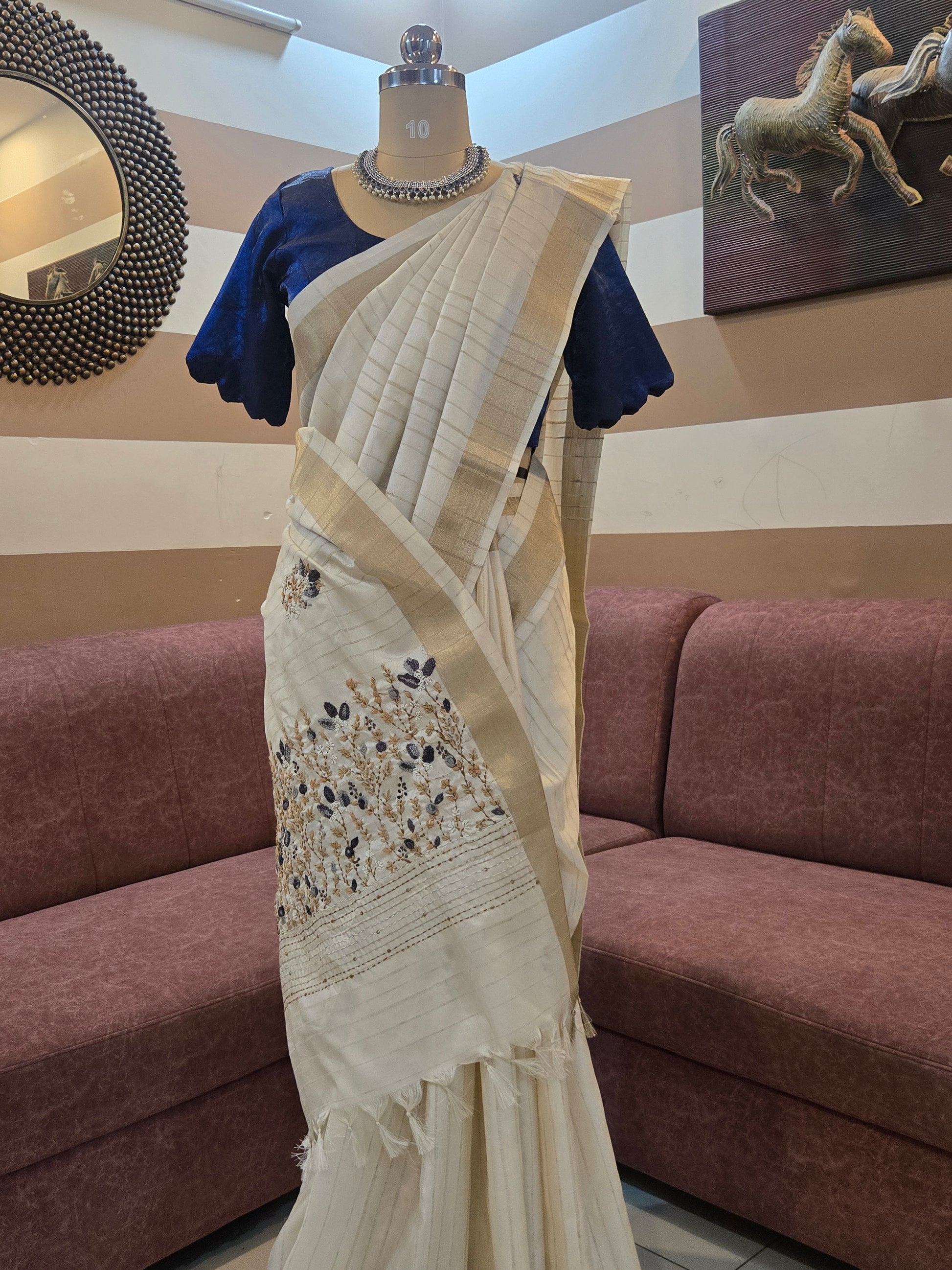 Onam Tussar Saree with Hand Embroidery & Gold Border (Comes with running blouse)