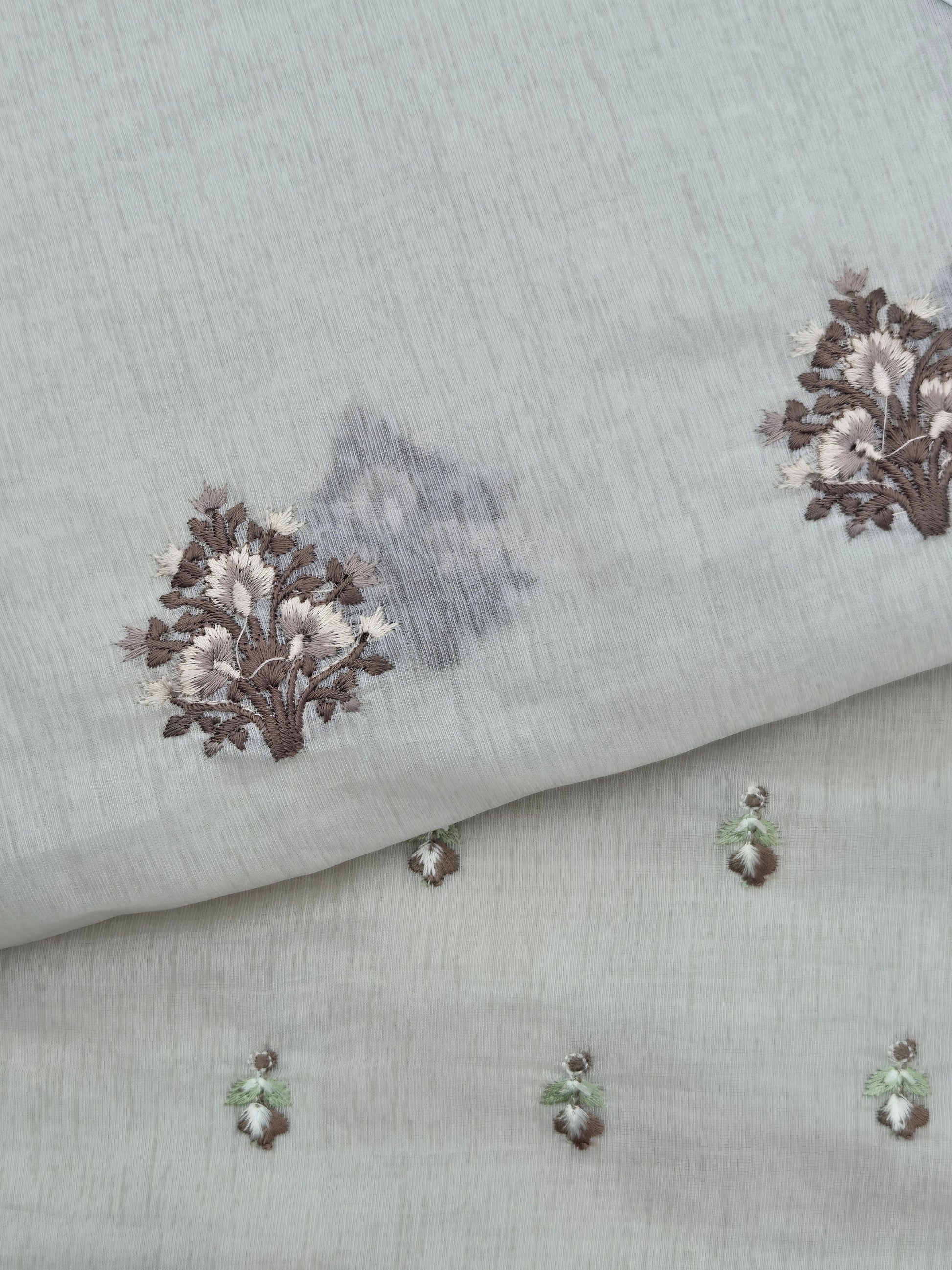 Onam Tissue Saree with Embroidery – Tree Work – Brown + Work Blouse