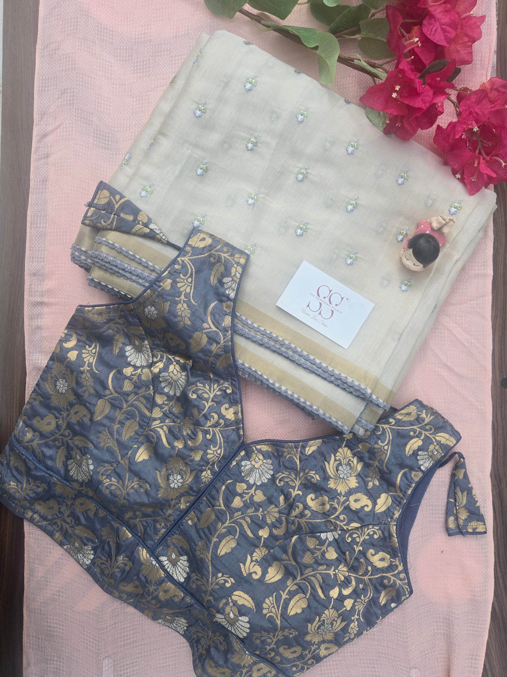 Onam Tissue Saree with Light Blue Work + Brocade Blouse