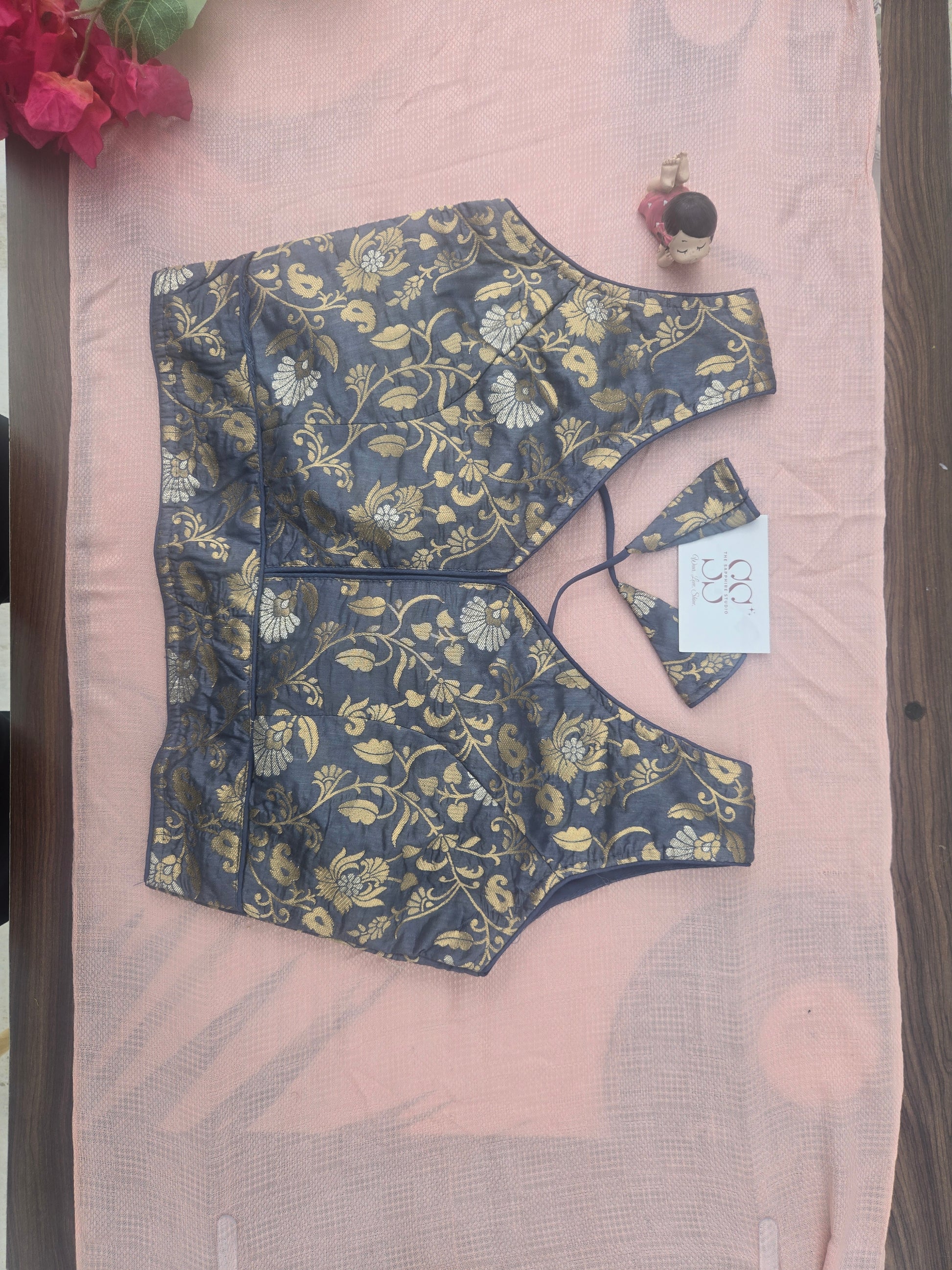 Onam Tissue Saree with Light Blue Work + Brocade Blouse