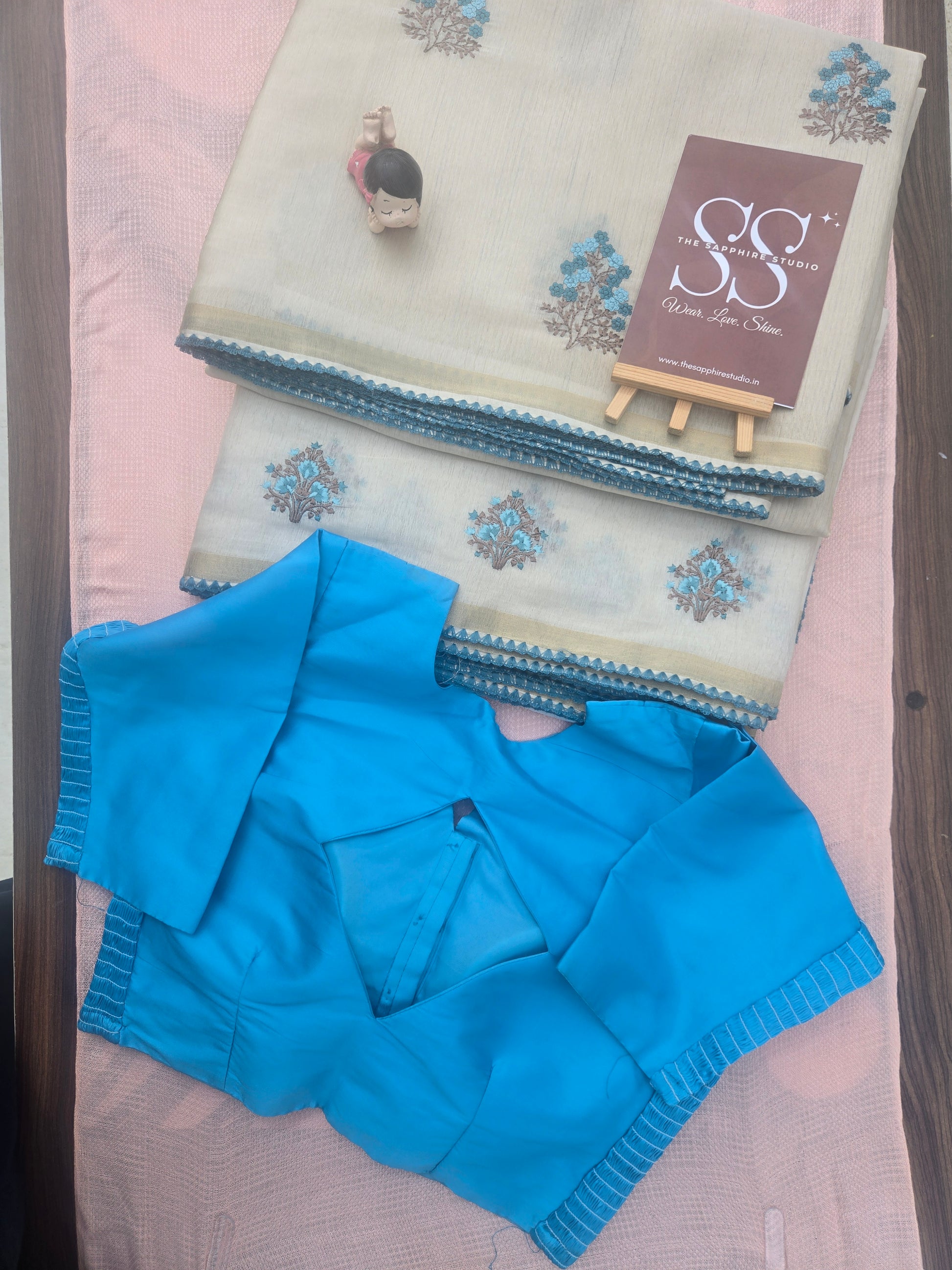 Tissue Onam Saree with Embroidery + Blue Ready-Made Blouse