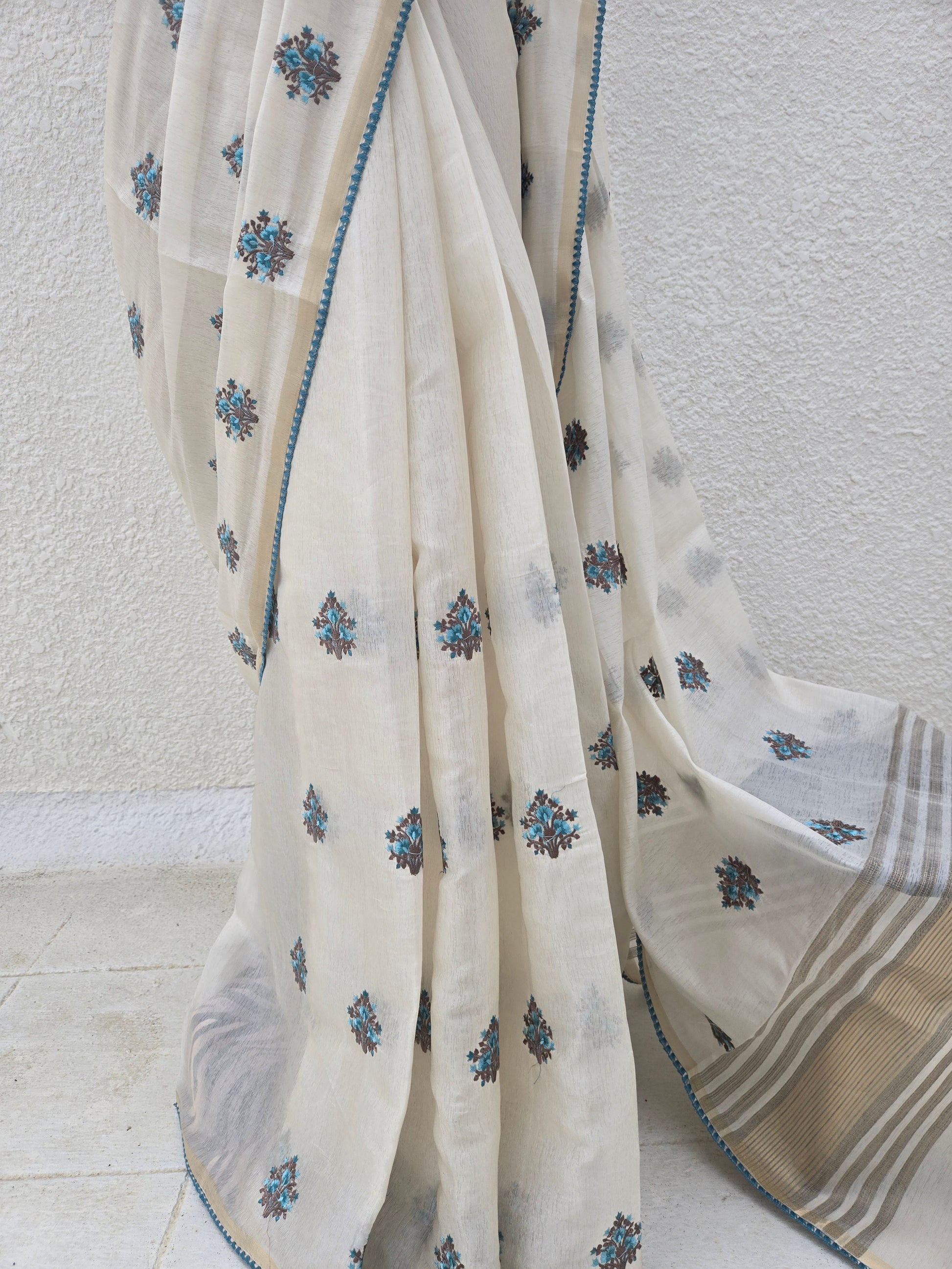 Onam Tissue Saree with Embroidery - Floral Tree - Blue (Comes with running blouse)